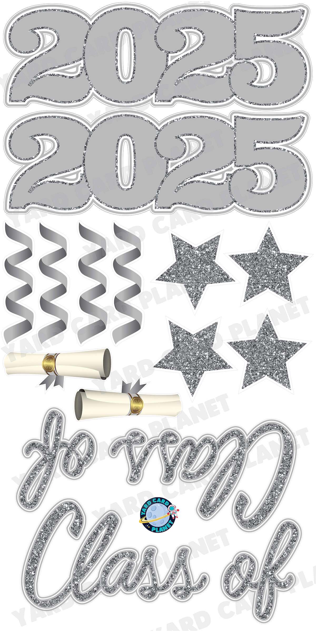 Silver Glitter Pattern Class of 2025 EZ Quick Set and Yard Card Flair Set