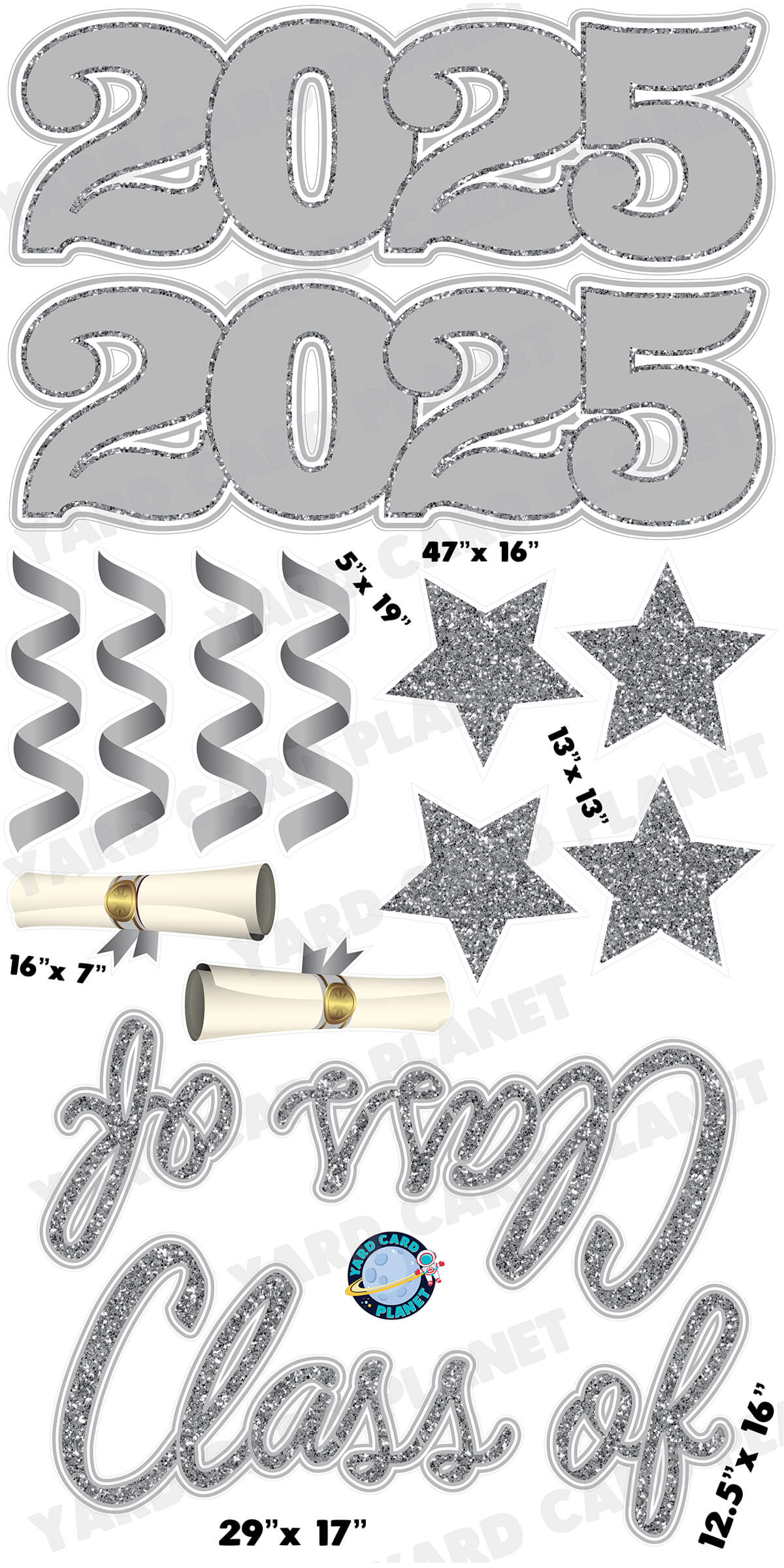 Silver Glitter Pattern Class of 2025 EZ Quick Set and Yard Card Flair Set