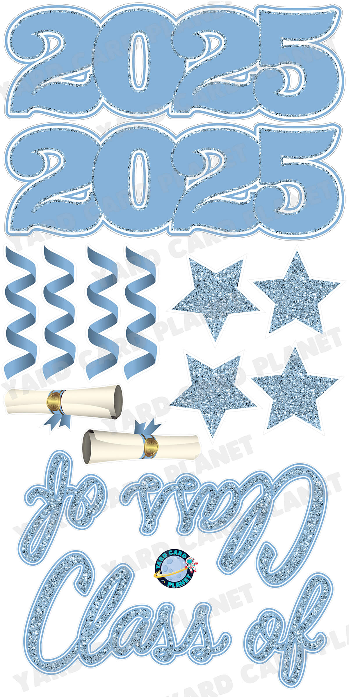 Baby Blue Glitter Pattern Class of 2025 EZ Quick Set and Yard Card Flair Set