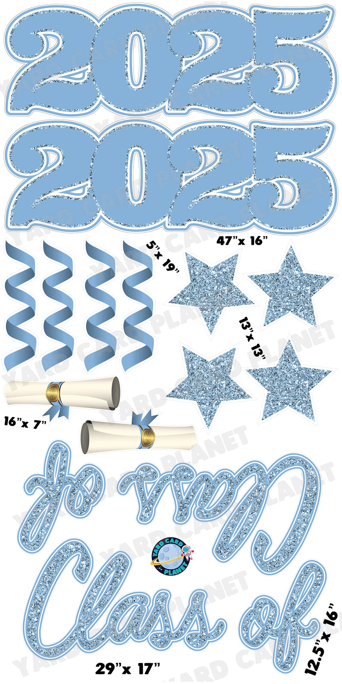Baby Blue Glitter Pattern Class of 2025 EZ Quick Set and Yard Card Flair Set