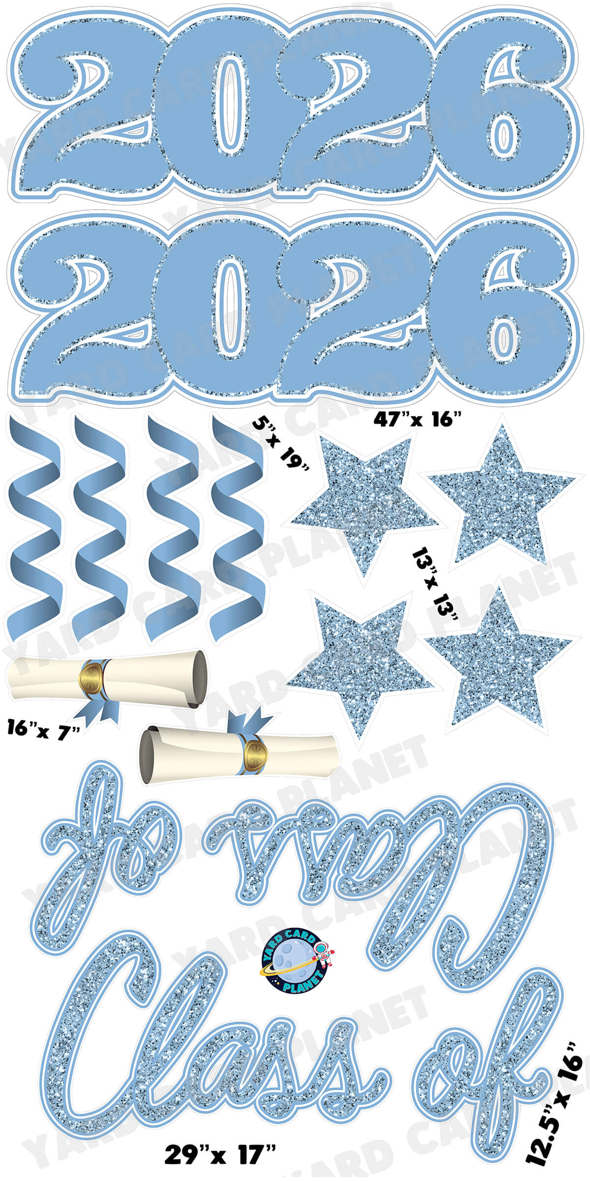 Baby Blue Glitter Pattern Class of 2026 EZ Quick Set and Yard Card Flair Set