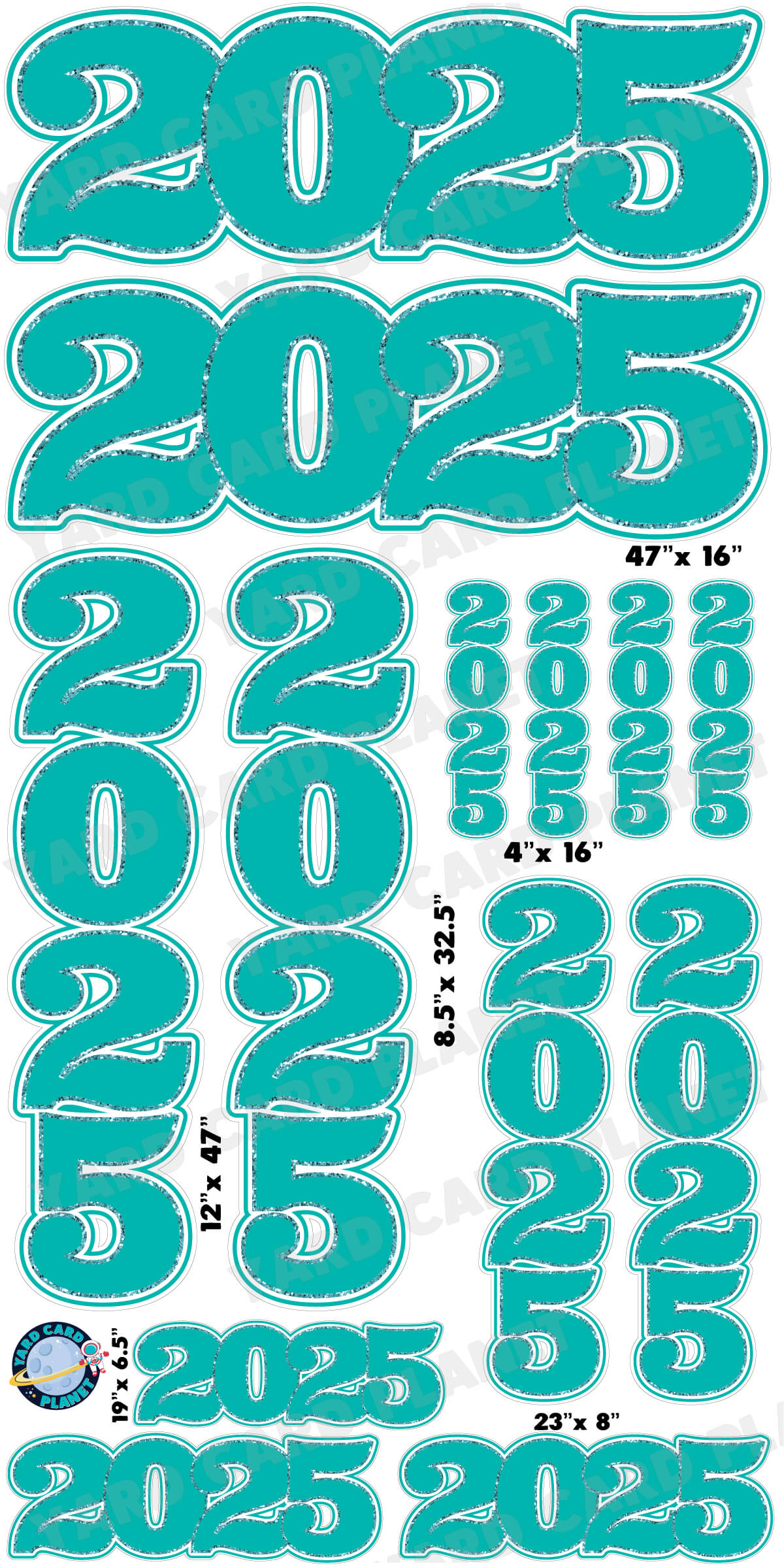 Teal Solid with Glitter Pattern Trim 2025 EZ Quick Signs and Towers Yard Card Set