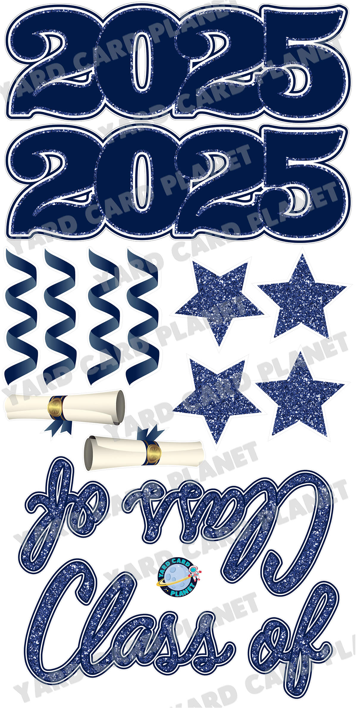Navy Blue Glitter Pattern Class of 2025 EZ Quick Set and Yard Card Flair Set