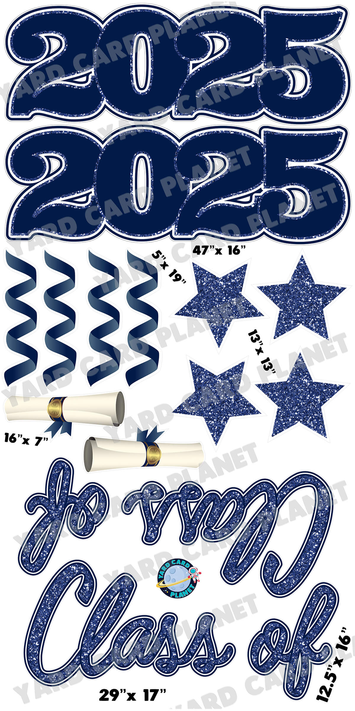 Navy Blue Glitter Pattern Class of 2025 EZ Quick Set and Yard Card Flair Set