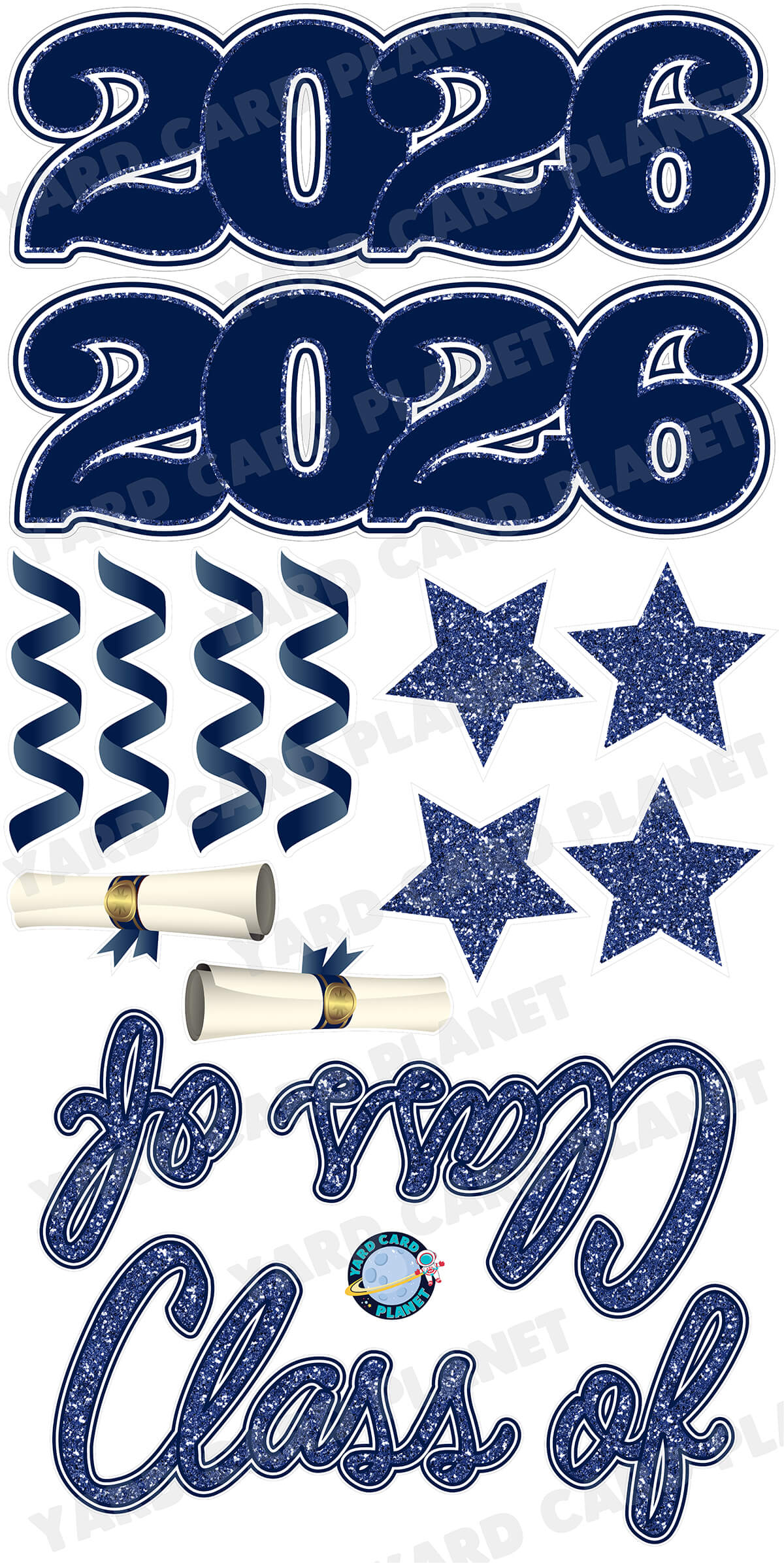 Navy Blue Glitter Pattern Class of 2026 EZ Quick Set and Yard Card Flair Set