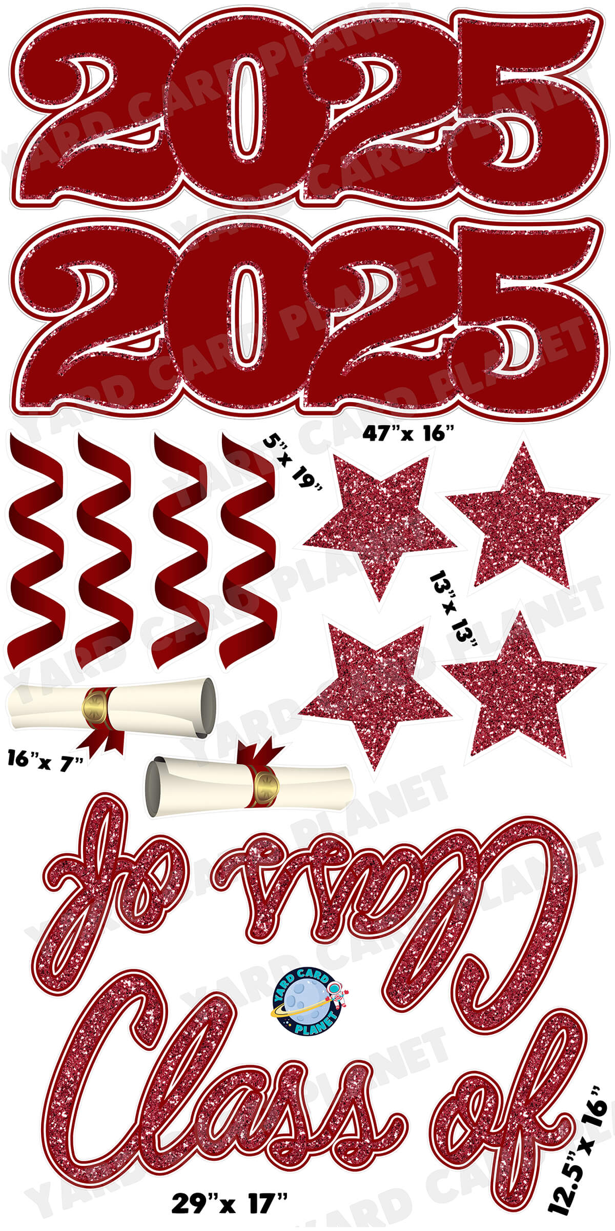 Maroon Glitter Pattern Class of 2025 EZ Quick Set and Yard Card Flair Set