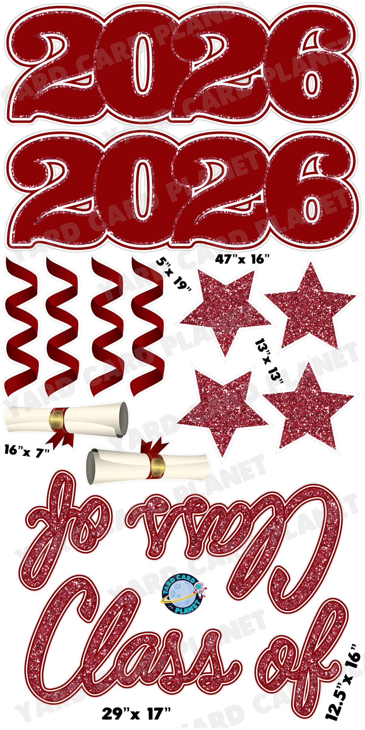 Maroon Glitter Pattern Class of 2026 EZ Quick Set and Yard Card Flair Set