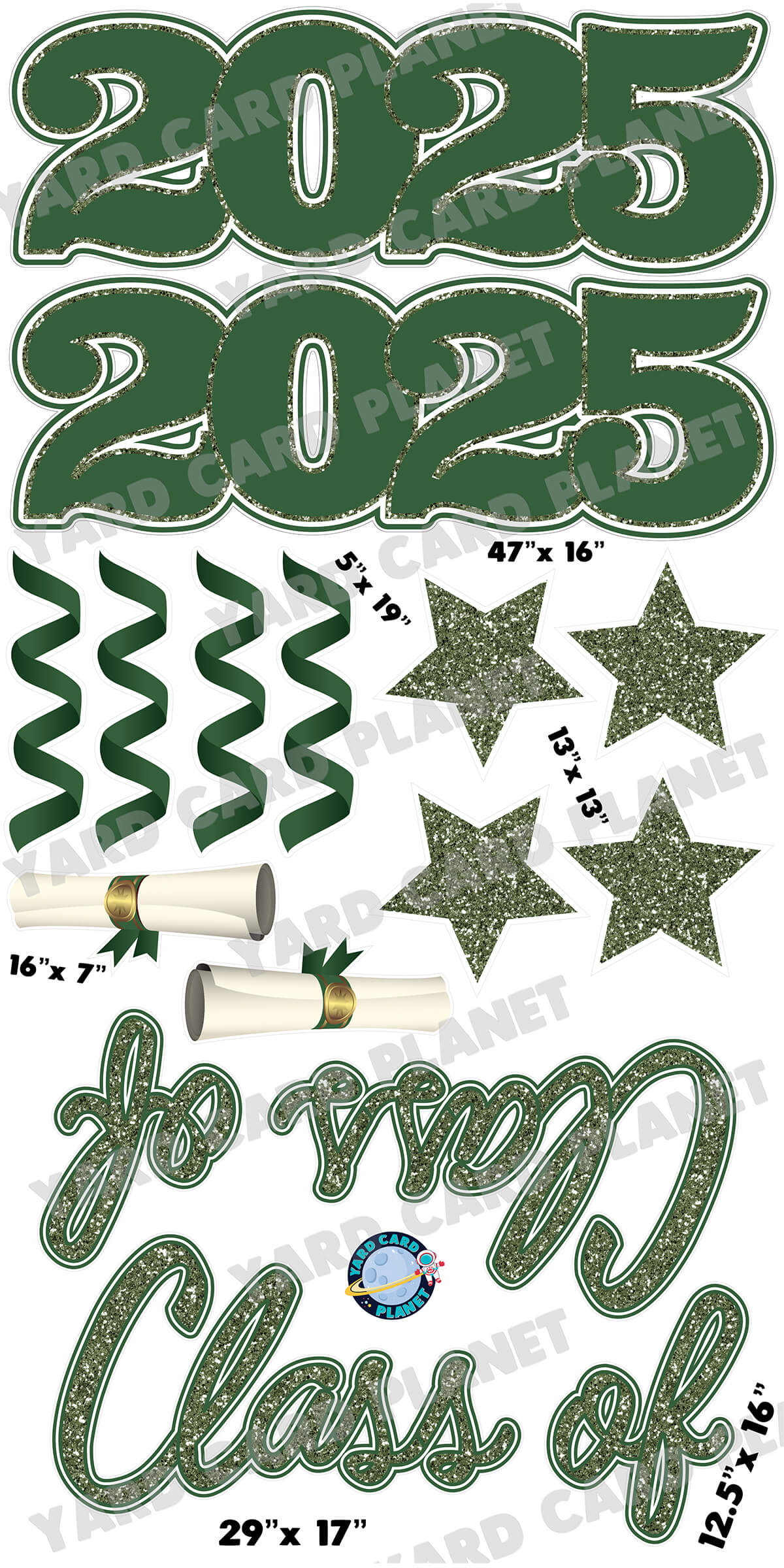 Hunter Green Glitter Pattern Class of 2025 EZ Quick Set and Yard Card Flair Set