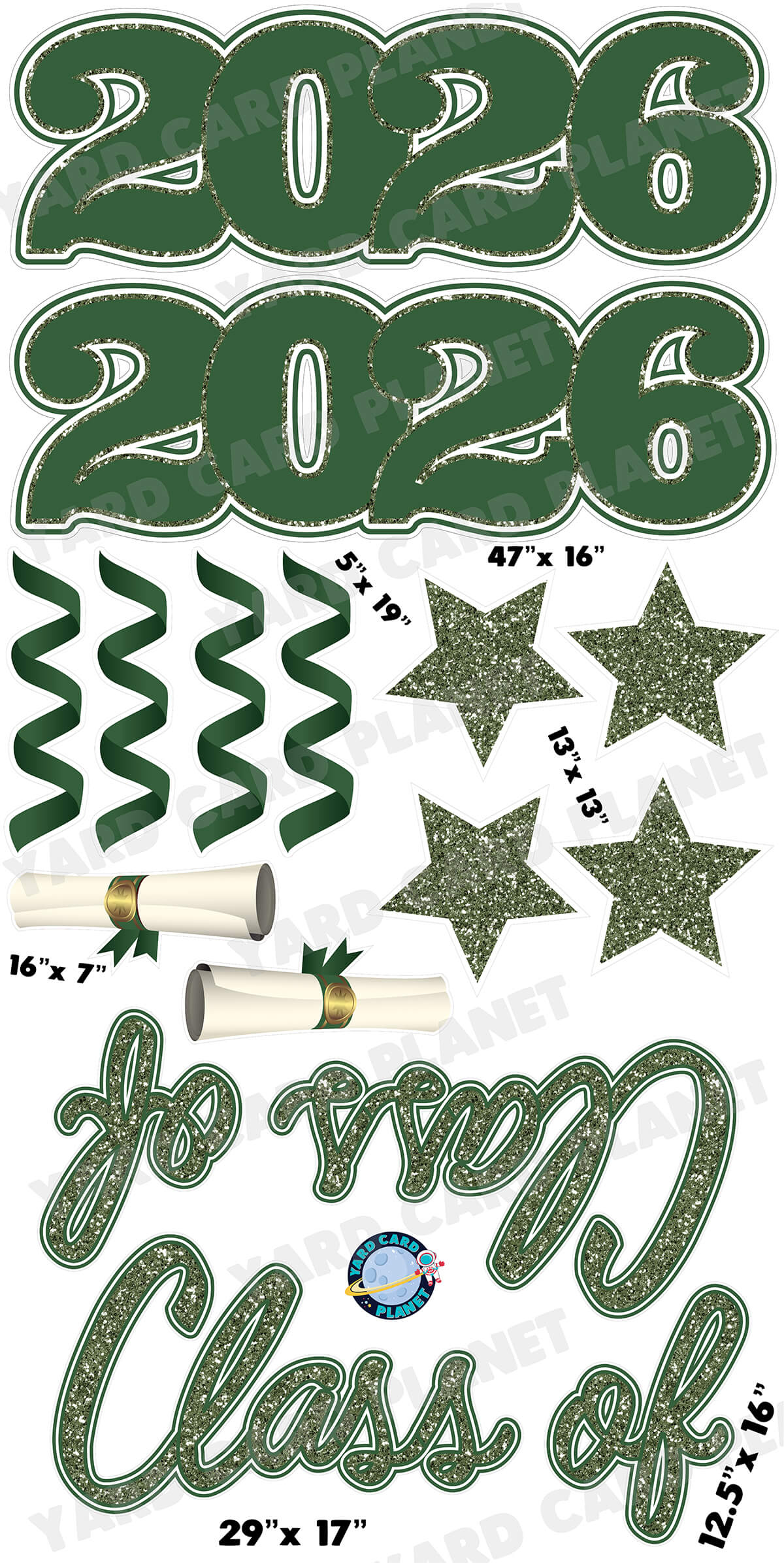Hunter Green Glitter Pattern Class of 2026 EZ Quick Set and Yard Card Flair Set