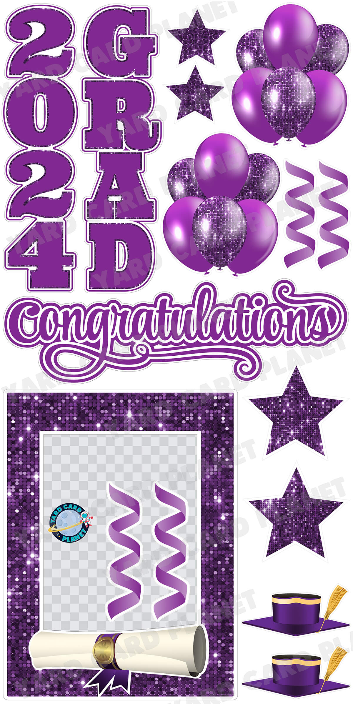 Graduation Light 2024 Purple Black & Silver CONGRATS Flair Yard Cards