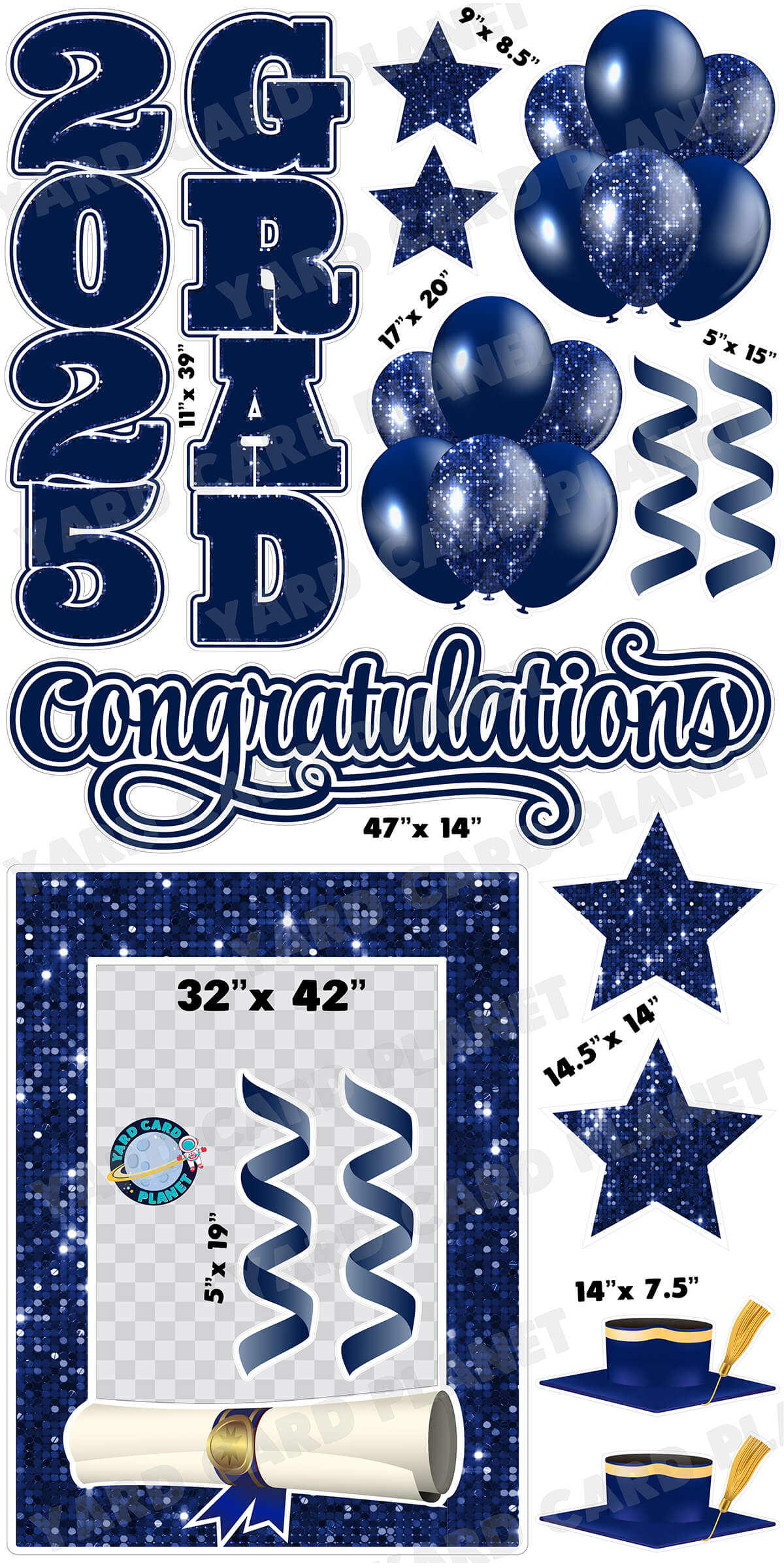 Navy Blue Solid and Sequin Pattern 2025 EZ Quick Frame, EZ Quick Sign and Towers Yard Card Flair Set