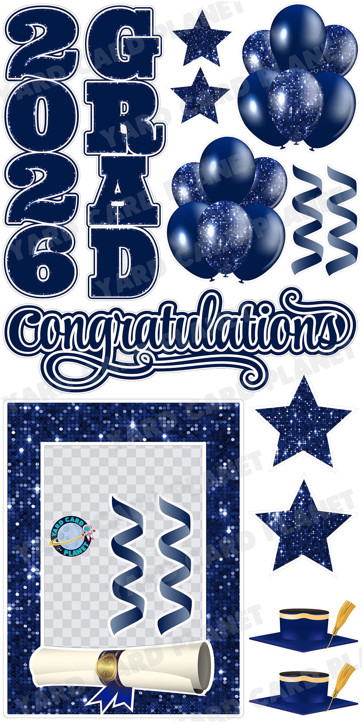 Navy Blue Solid and Sequin Pattern 2026 EZ Quick Frame, EZ Quick Sign and Towers Yard Card Flair Set