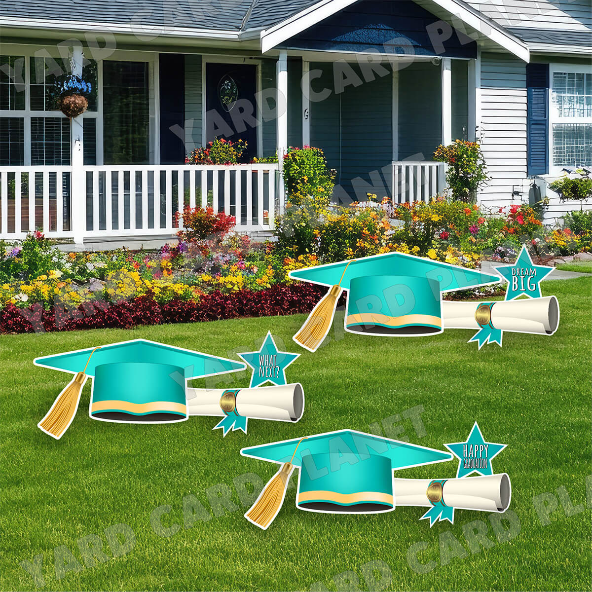 Extra Large Teal Graduation Caps, Diplomas and Signs Yard Card Flair Set