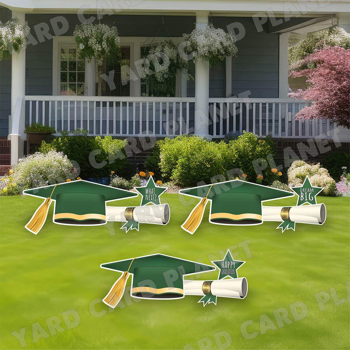 Extra Large Hunter Green Graduation Caps, Diplomas and Signs Yard Card Flair Set