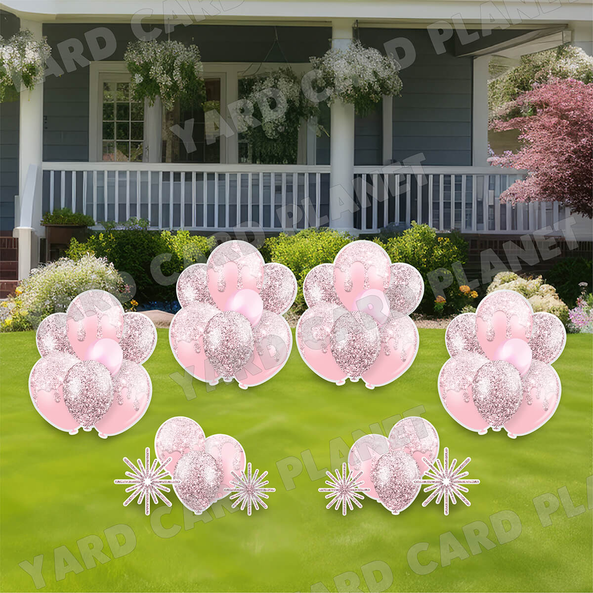 Light Pink Glitter Balloon Bouquets and Starbursts Yard Card Set