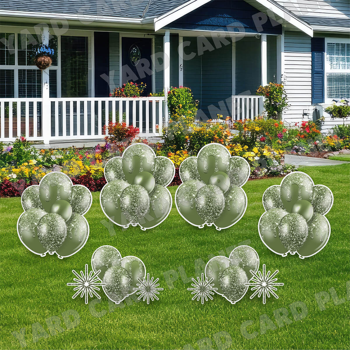 Hunter Green Glitter Balloon Bouquets and Starbursts Yard Card Set
