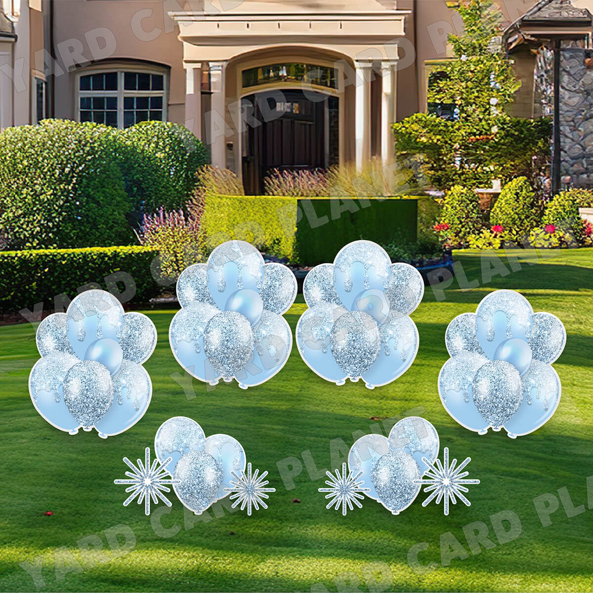Baby Blue Glitter Balloon Bouquets and Starbursts Yard Card Set