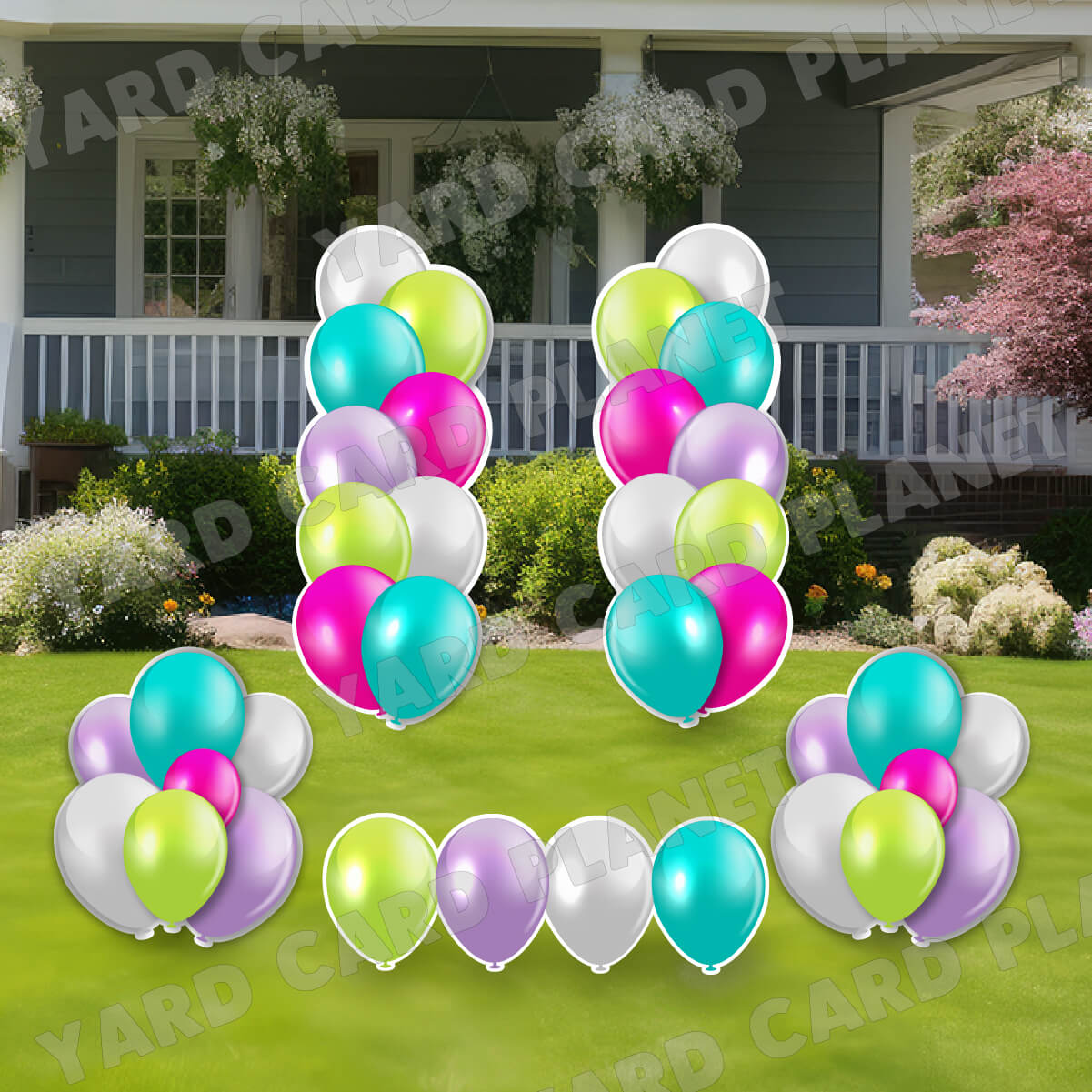 Pastel Multi Colored Balloon Towers, Bouquets and Singles Yard Card Set
