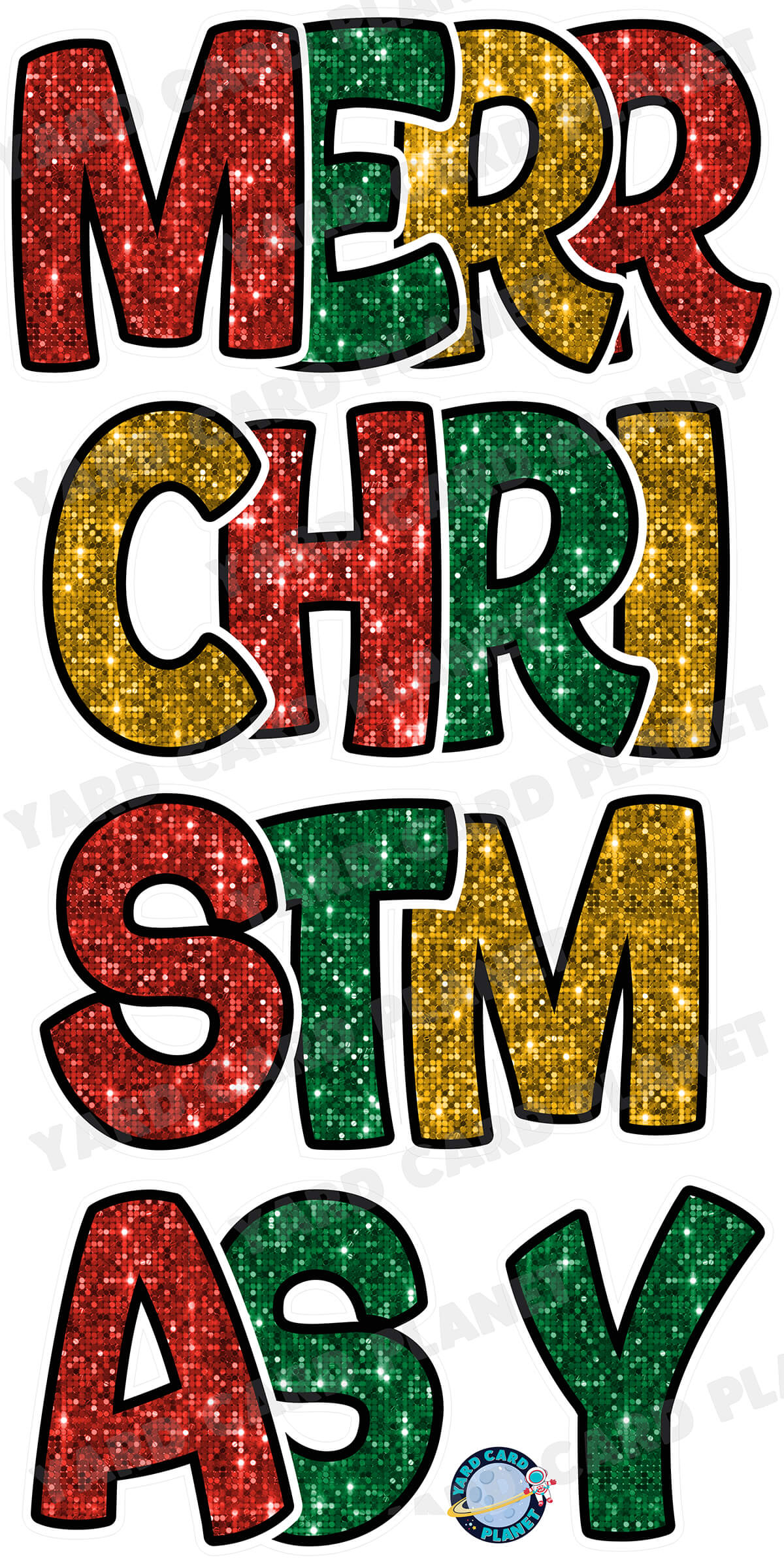 Red, Green and Gold Sequin Pattern Merry Christmas EZ Quick Yard Card Set