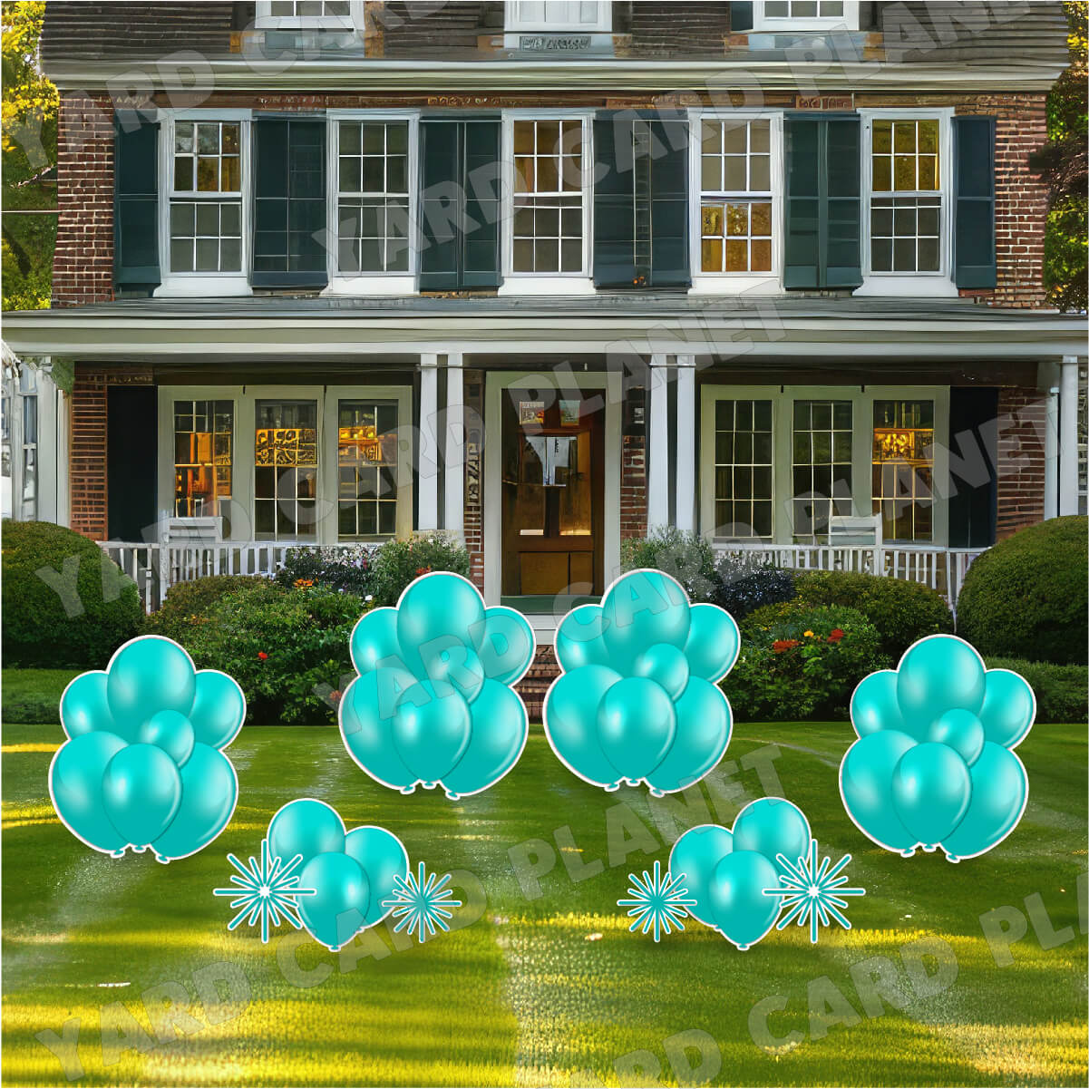 Teal Balloon Bouquets and Starbursts Yard Card Flair Set