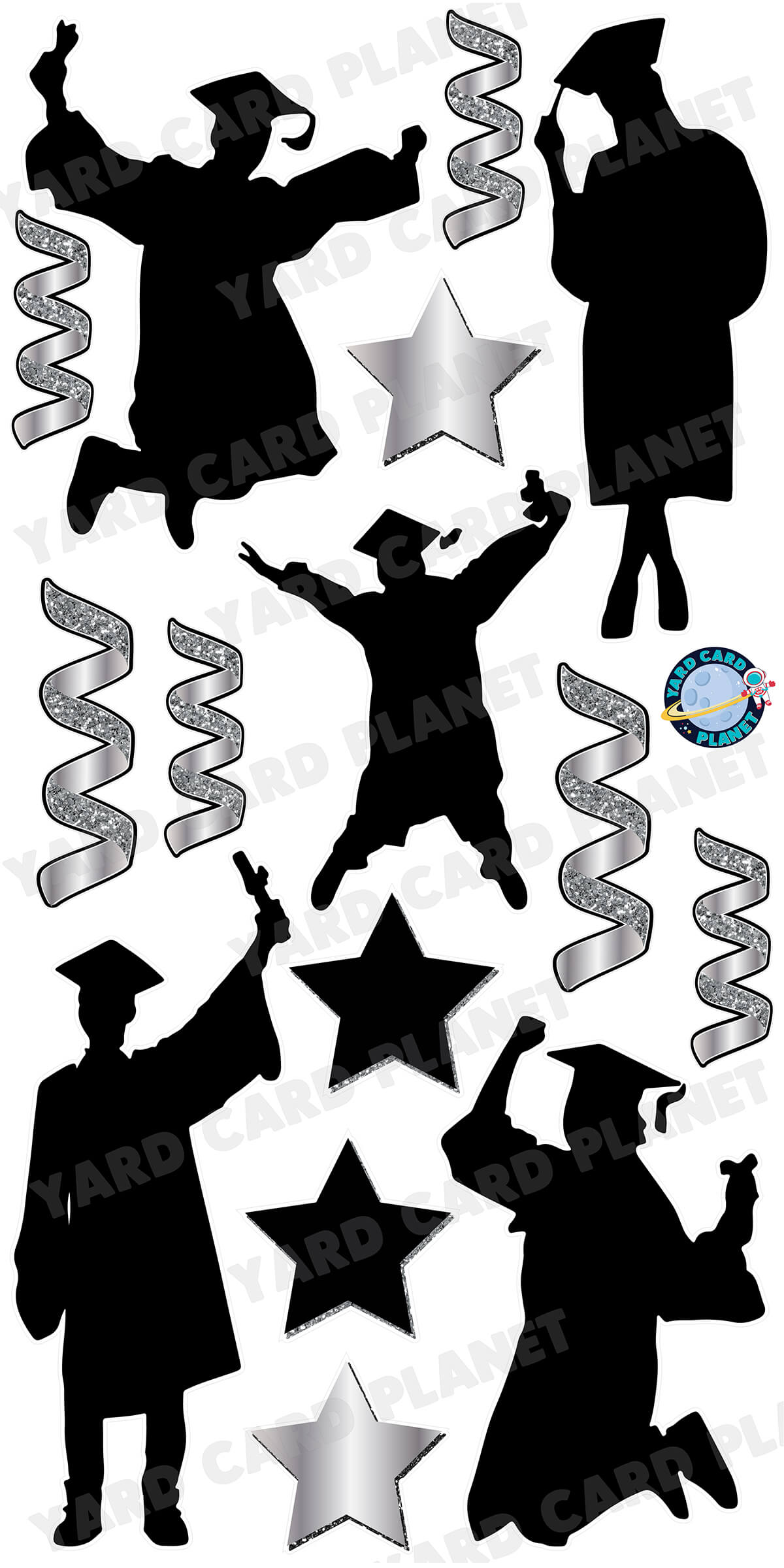 Silhouette Graduates with Silver Stars and Streamers Yard Card Flair Set