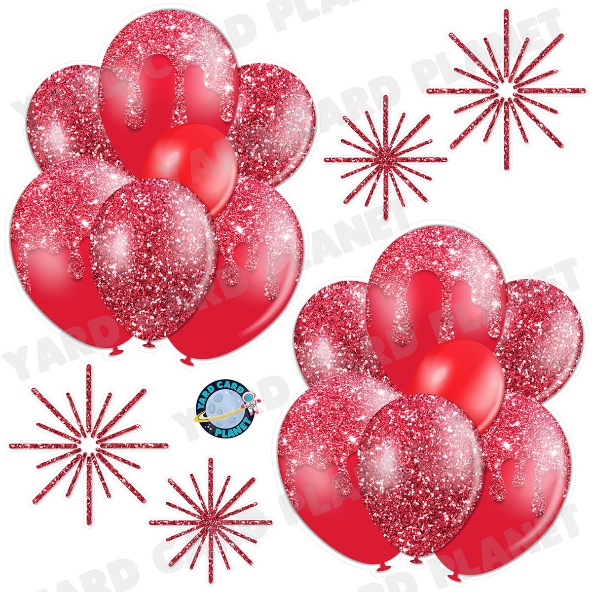 Red Glitter Balloon Bouquets and Starbursts Half Sheet Yard Card Set