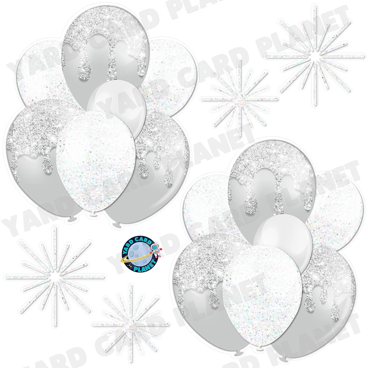 White and Silver Glitter Balloon Bouquets and Starbursts Half Sheet Yard Card Set