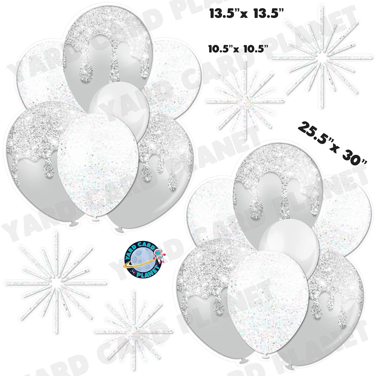 White and Silver Glitter Balloon Bouquets and Starbursts Half Sheet Yard Card Set