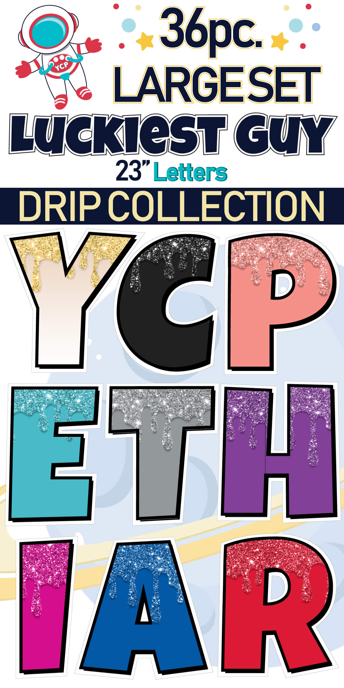 23" Luckiest Guy 36 pc. Large Letter Set in Drip Glitter Pattern