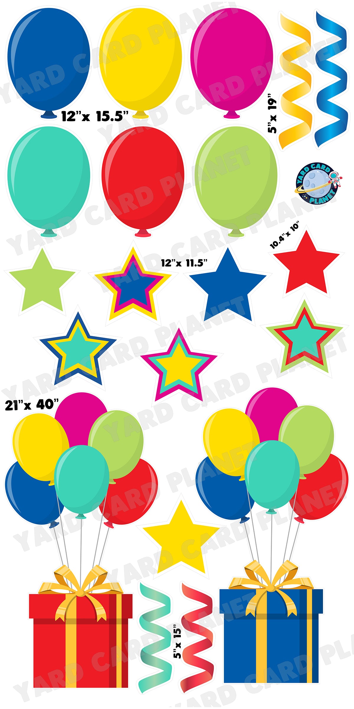 Bright Colorful Extra Large Presents with Balloon Bouquet, Balloons, Stars and Steamers Yard Card Flair Set