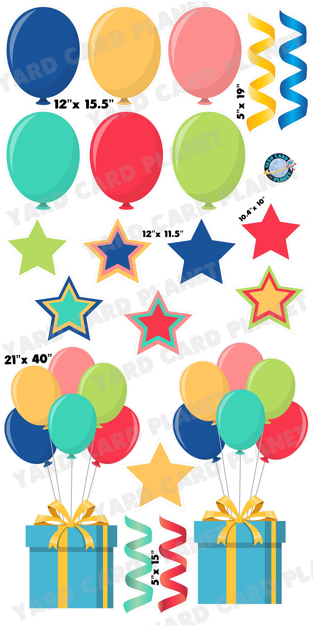 Pastel Colored Extra Large Presents with Balloon Bouquet, Balloons, Stars and Steamers Yard Card Flair Set