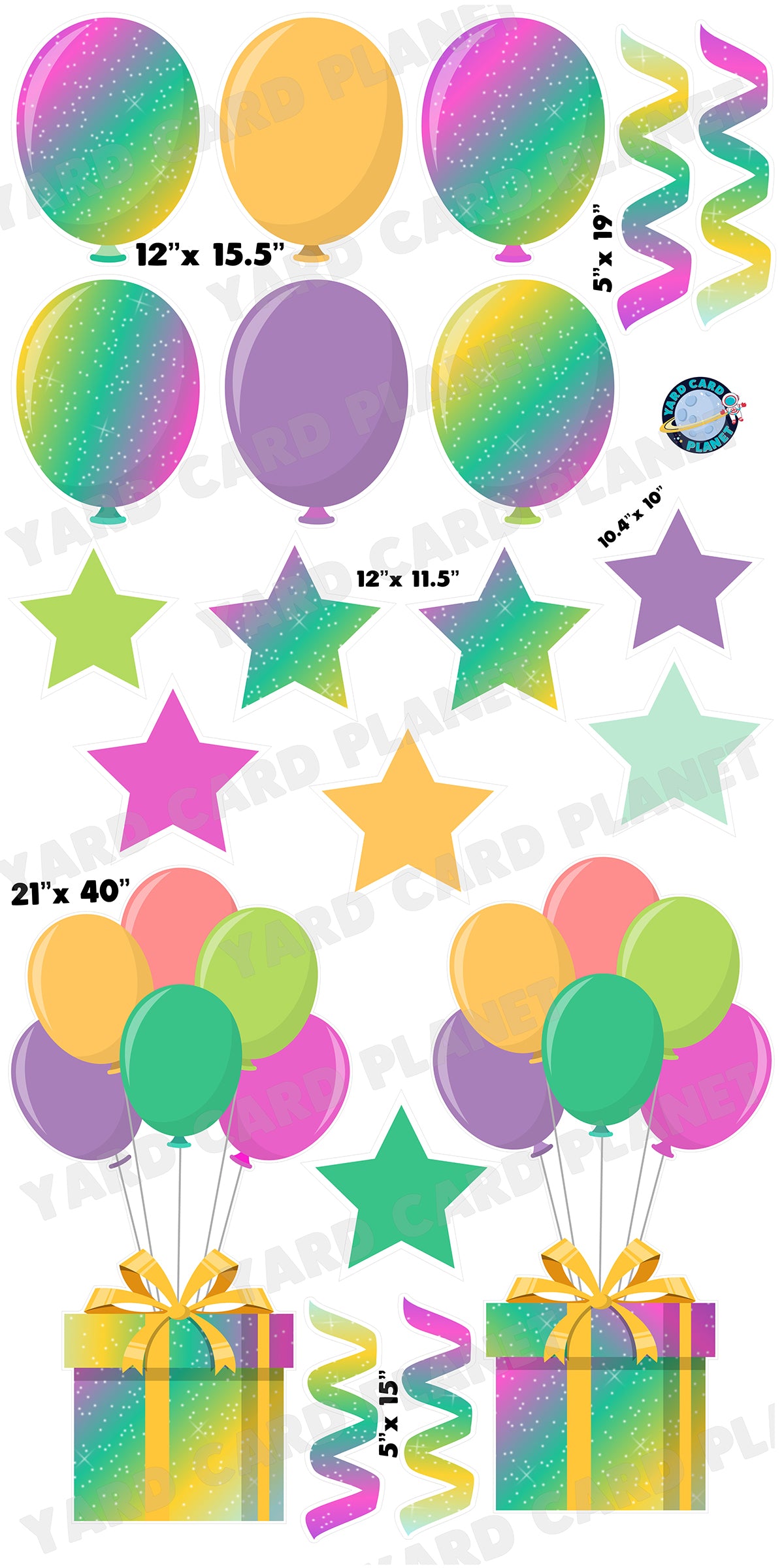 Multi-Colored Sparkle Extra Large Presents with Balloon Bouquet, Balloons, Stars and Steamers Yard Card Flair Set