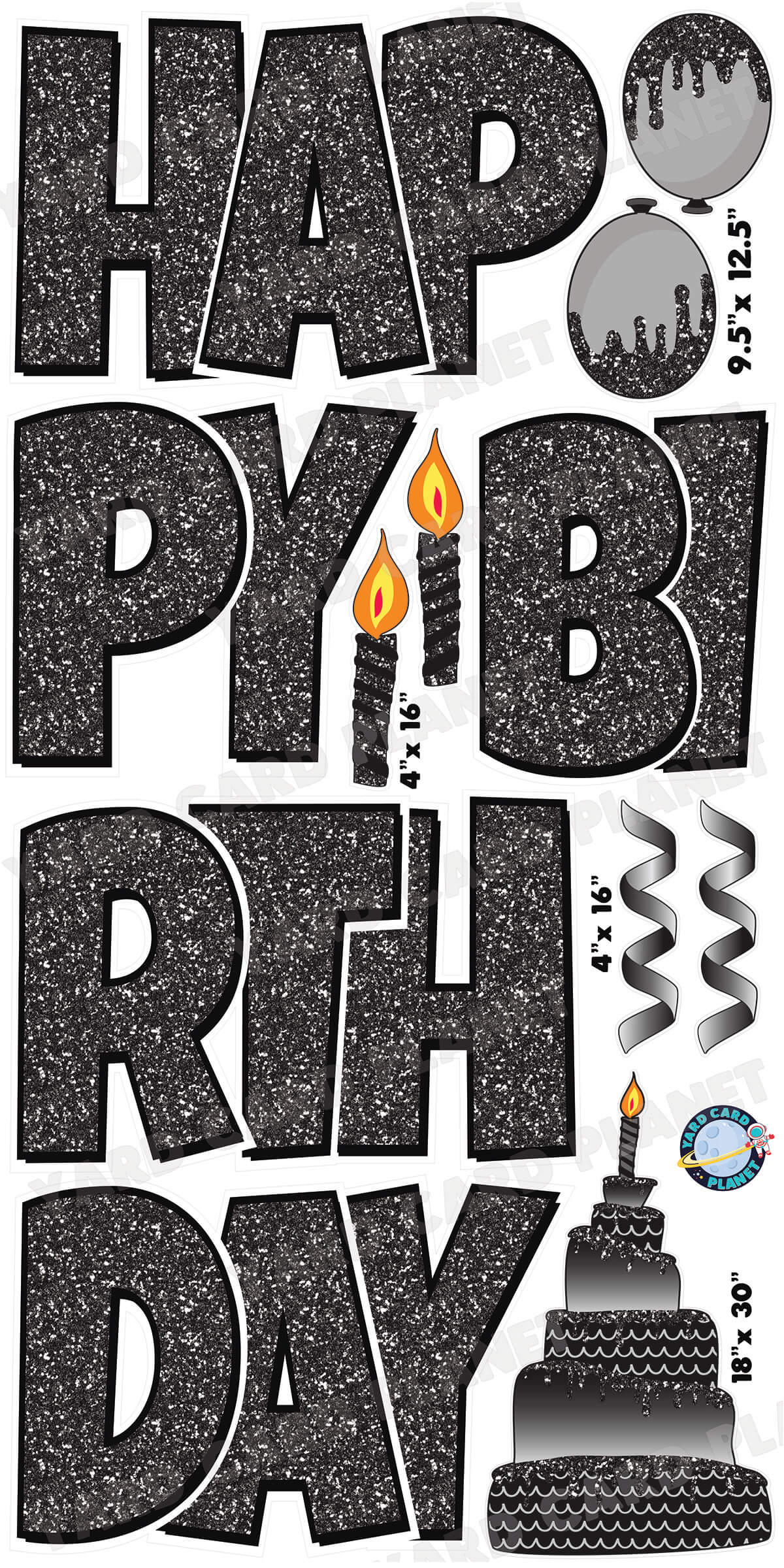 Large 23.5" Happy Birthday Yard Card EZ Quick Sets in Luckiest Guy Font and Birthday Flair in Black Glitter Pattern