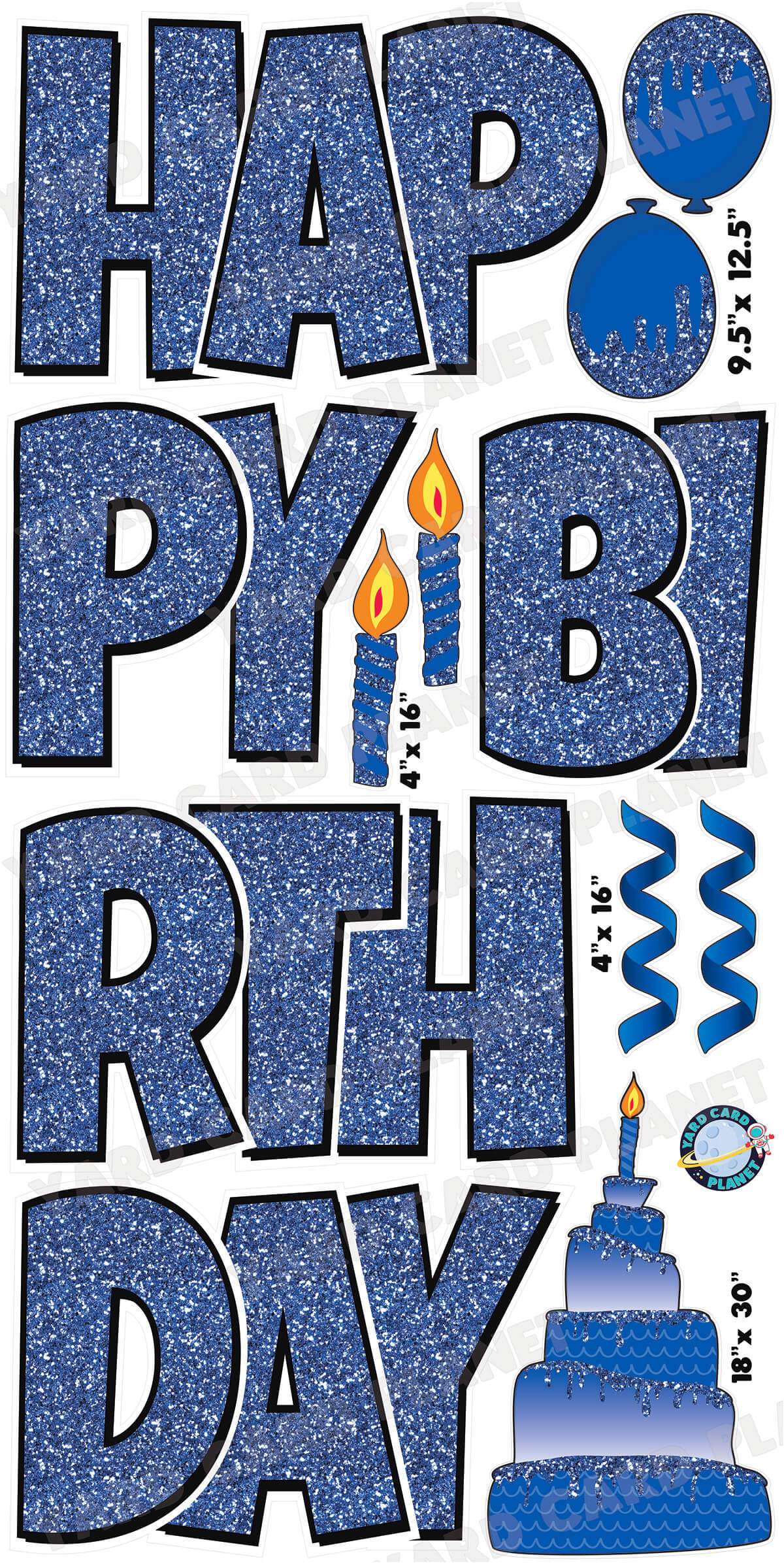 Large 23.5" Happy Birthday Yard Card EZ Quick Sets in Luckiest Guy Font and Birthday Flair in Blue Glitter Pattern