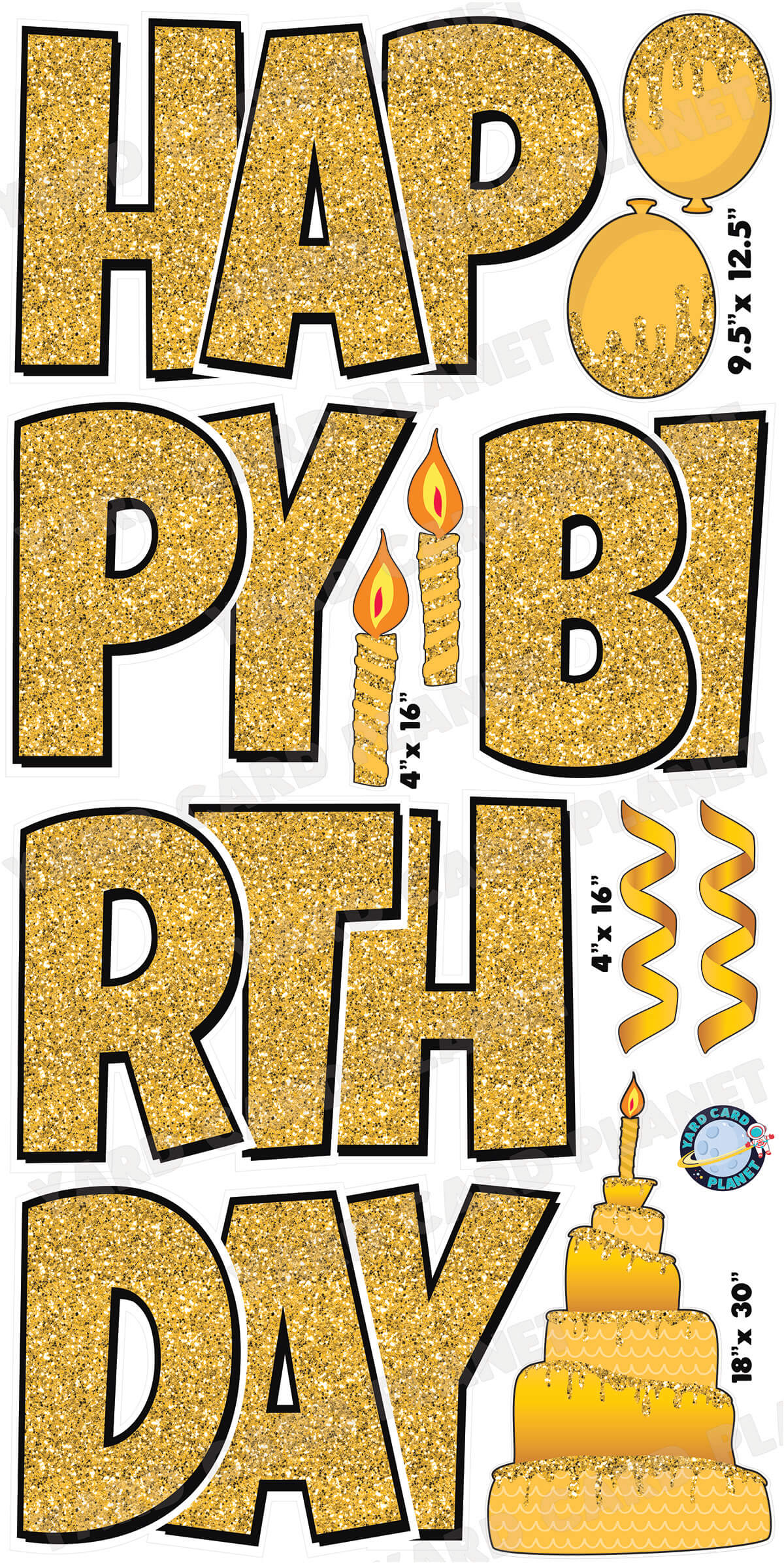 Large 23.5" Happy Birthday Yard Card EZ Quick Sets in Luckiest Guy Font and Birthday Flair in Gold Glitter Pattern