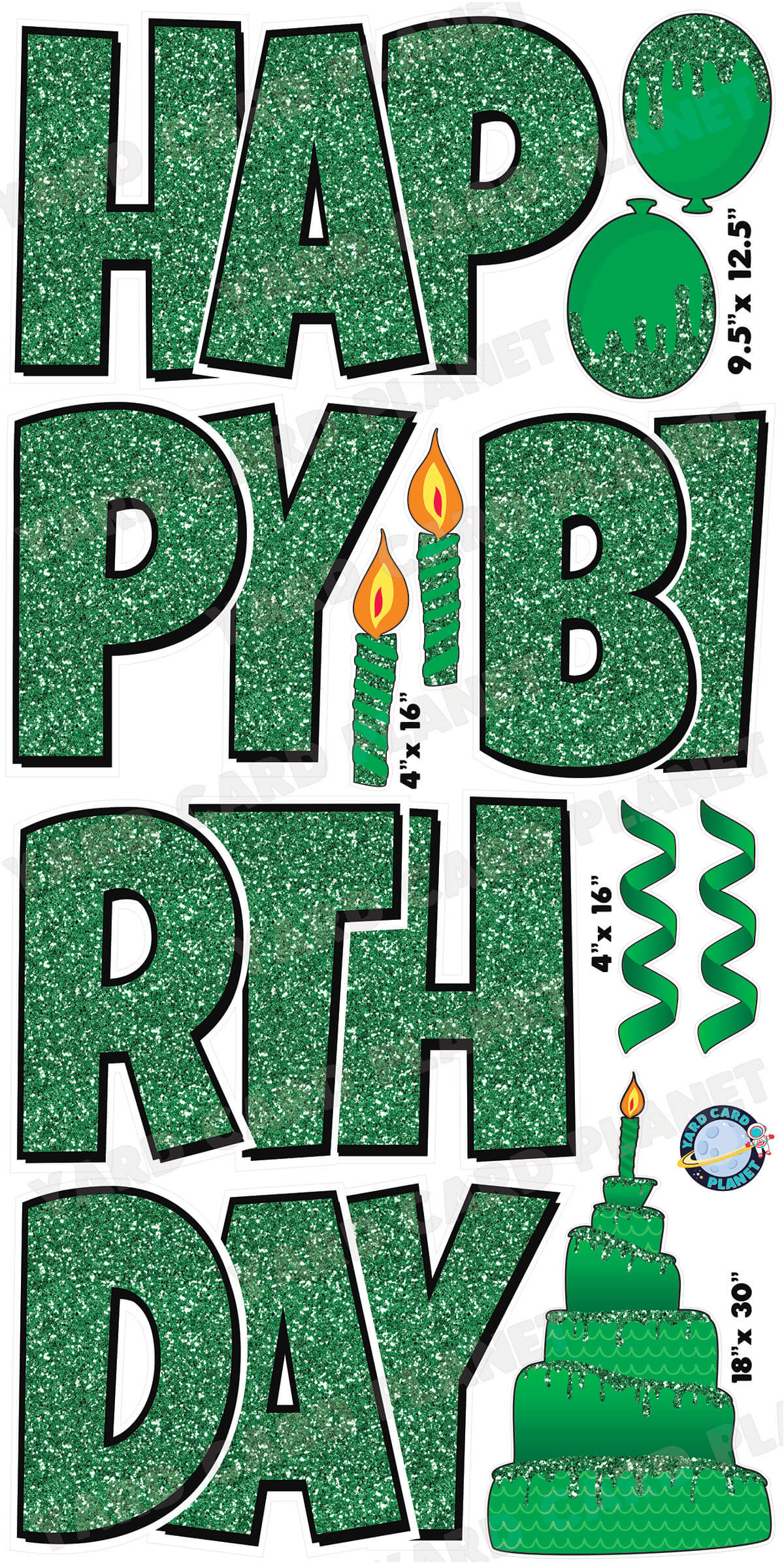 Large 23.5" Happy Birthday Yard Card EZ Quick Sets in Luckiest Guy Font and Birthday Flair in Green Glitter Pattern