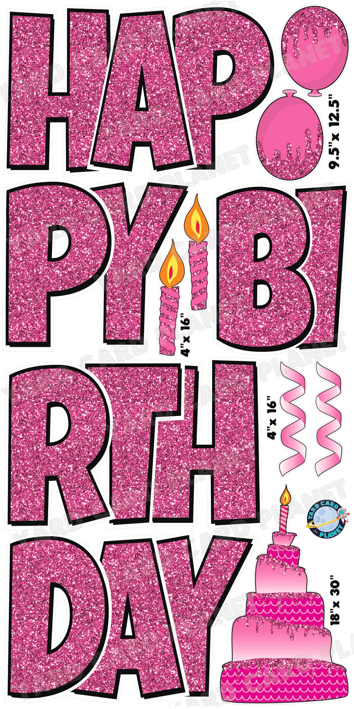 Large 23.5" Happy Birthday Yard Card EZ Quick Sets in Luckiest Guy Font and Birthday Flair in Hot Pink Glitter Pattern