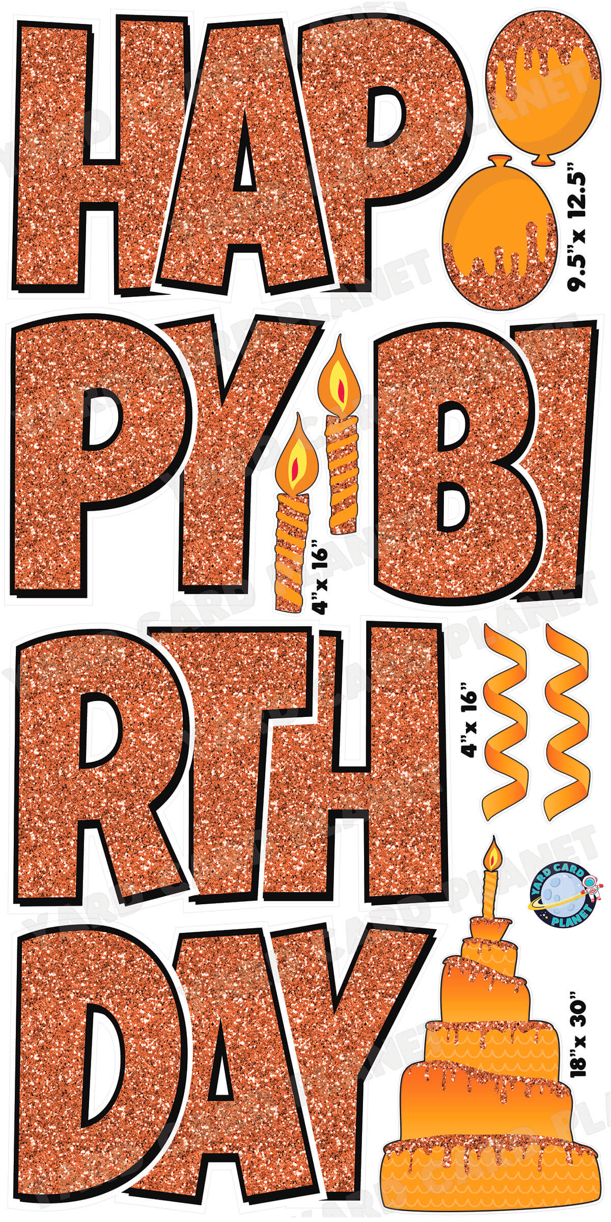 Large 23.5" Happy Birthday Yard Card EZ Quick Sets in Luckiest Guy Font and Birthday Flair in Orange Glitter Pattern