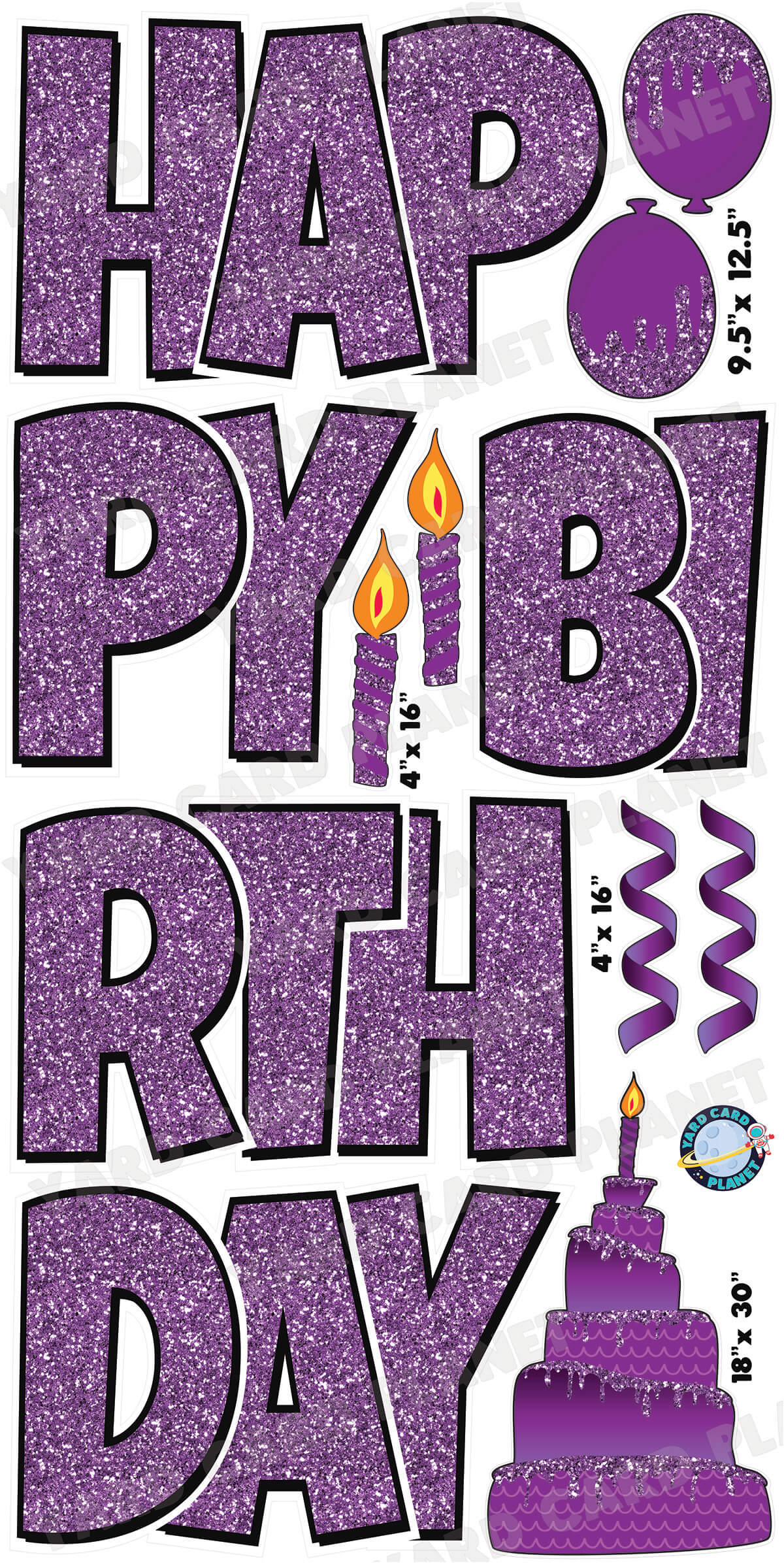 Large 23.5" Happy Birthday Yard Card EZ Quick Sets in Luckiest Guy Font and Birthday Flair in Purple Glitter Pattern