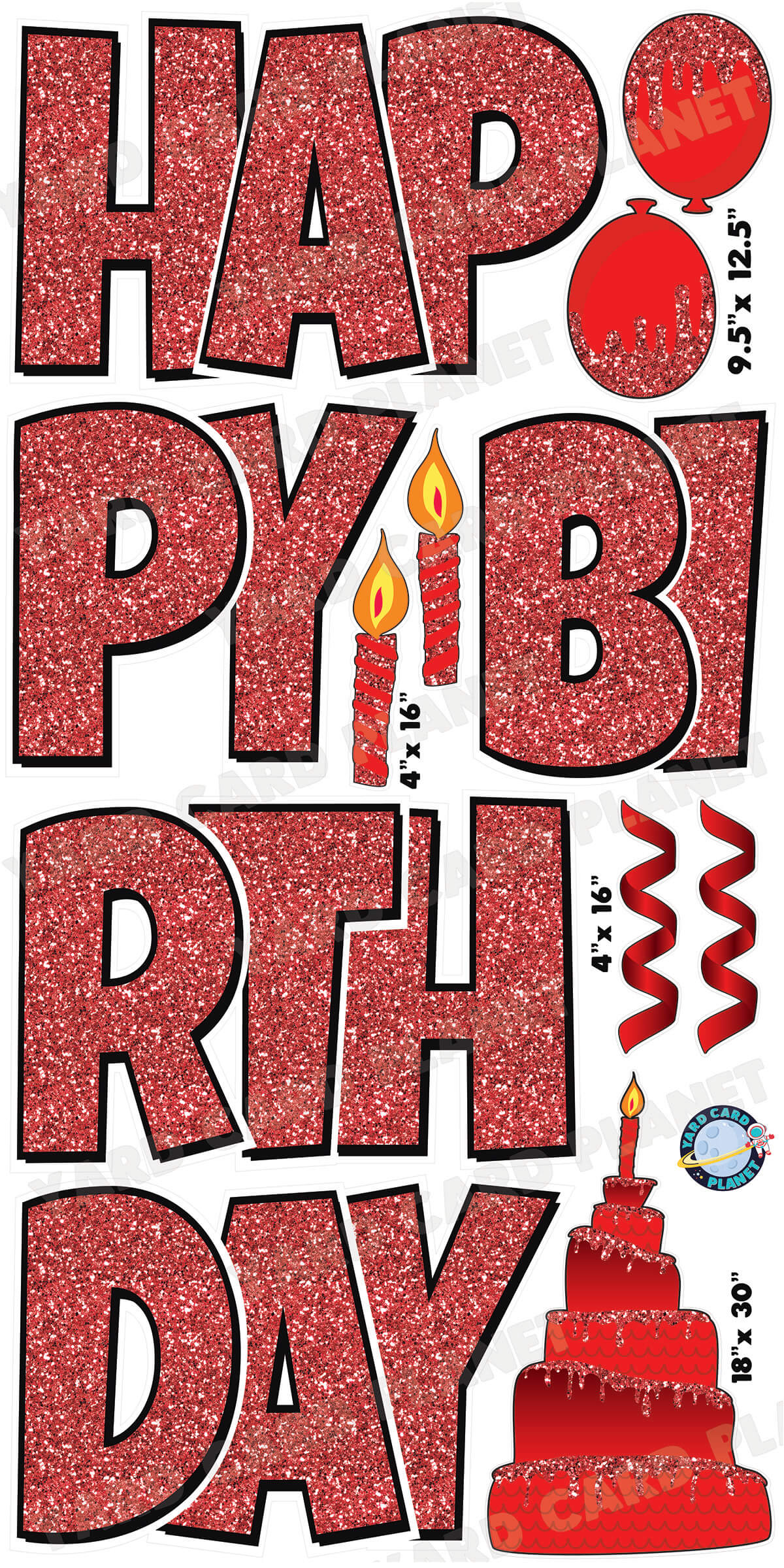 Large 23.5" Happy Birthday Yard Card EZ Quick Sets in Luckiest Guy Font and Birthday Flair in Red Glitter Pattern