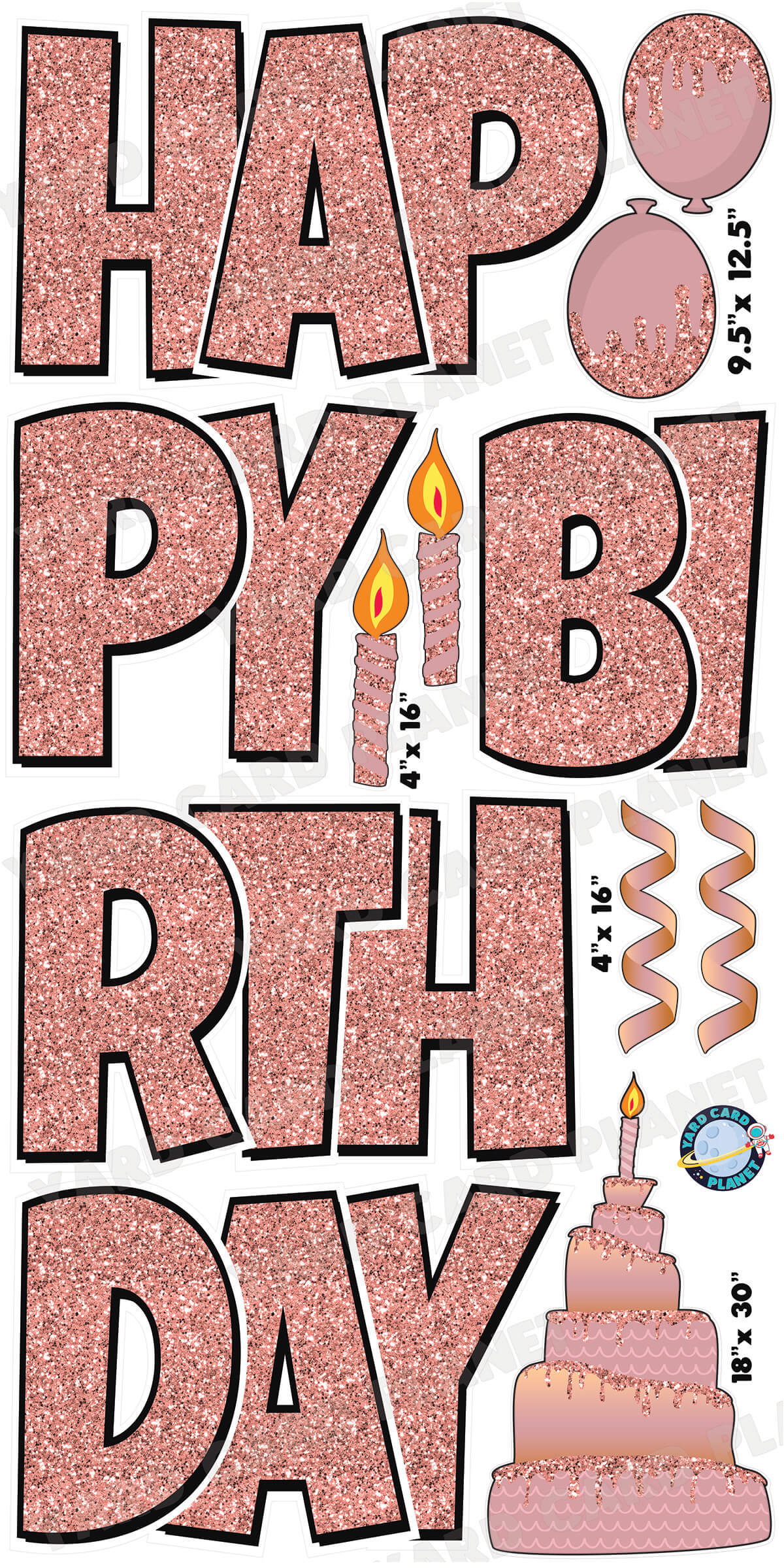 Large 23.5" Happy Birthday Yard Card EZ Quick Sets in Luckiest Guy Font and Birthday Flair in Rose Gold Glitter Pattern