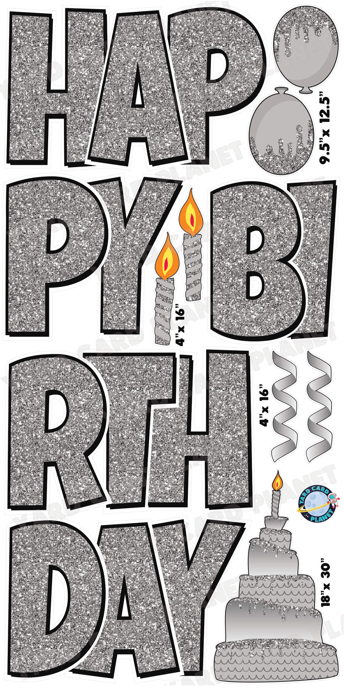 Large 23.5" Happy Birthday Yard Card EZ Quick Sets in Luckiest Guy Font and Birthday Flair in Silver Glitter Pattern