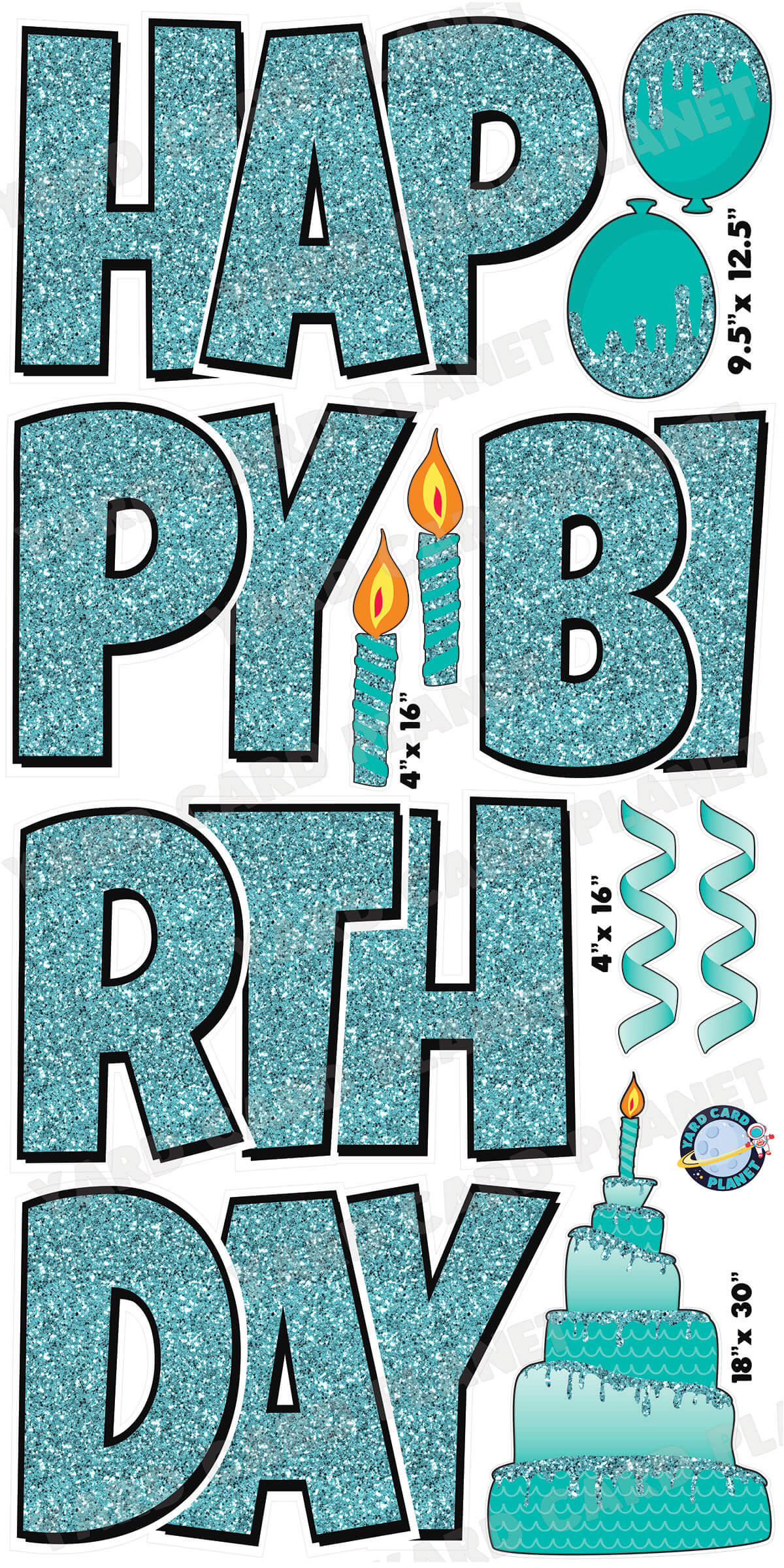 Large 23.5" Happy Birthday Yard Card EZ Quick Sets in Luckiest Guy Font and Birthday Flair in Teal Glitter Pattern