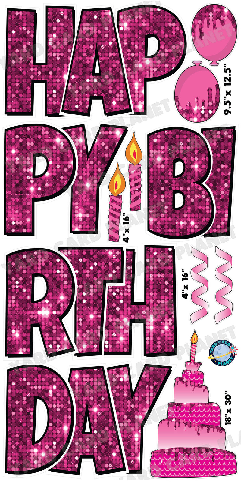 Large 23.5" Happy Birthday Yard Card EZ Quick Sets in Luckiest Guy Font and Birthday Flair in Hot Pink Sequin Pattern