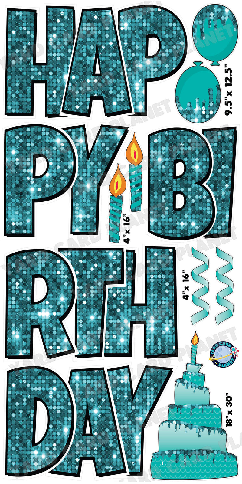 Large 23.5" Happy Birthday Yard Card EZ Quick Sets in Luckiest Guy Font and Birthday Flair in Teal Sequin Pattern