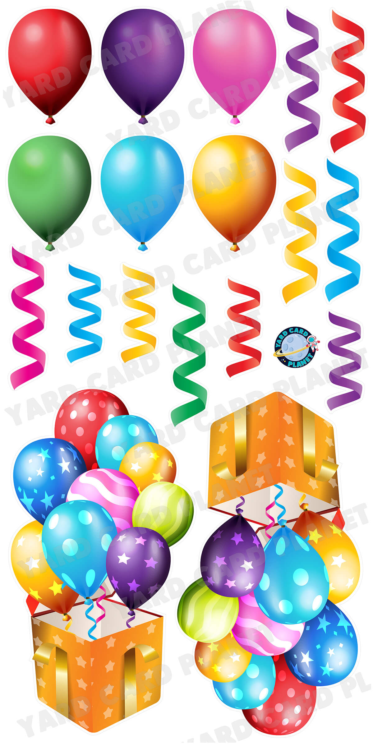 Colorful Metallic Design Gift Box Balloon Bouquets, Balloons and Streamers Yard Card Flair Set