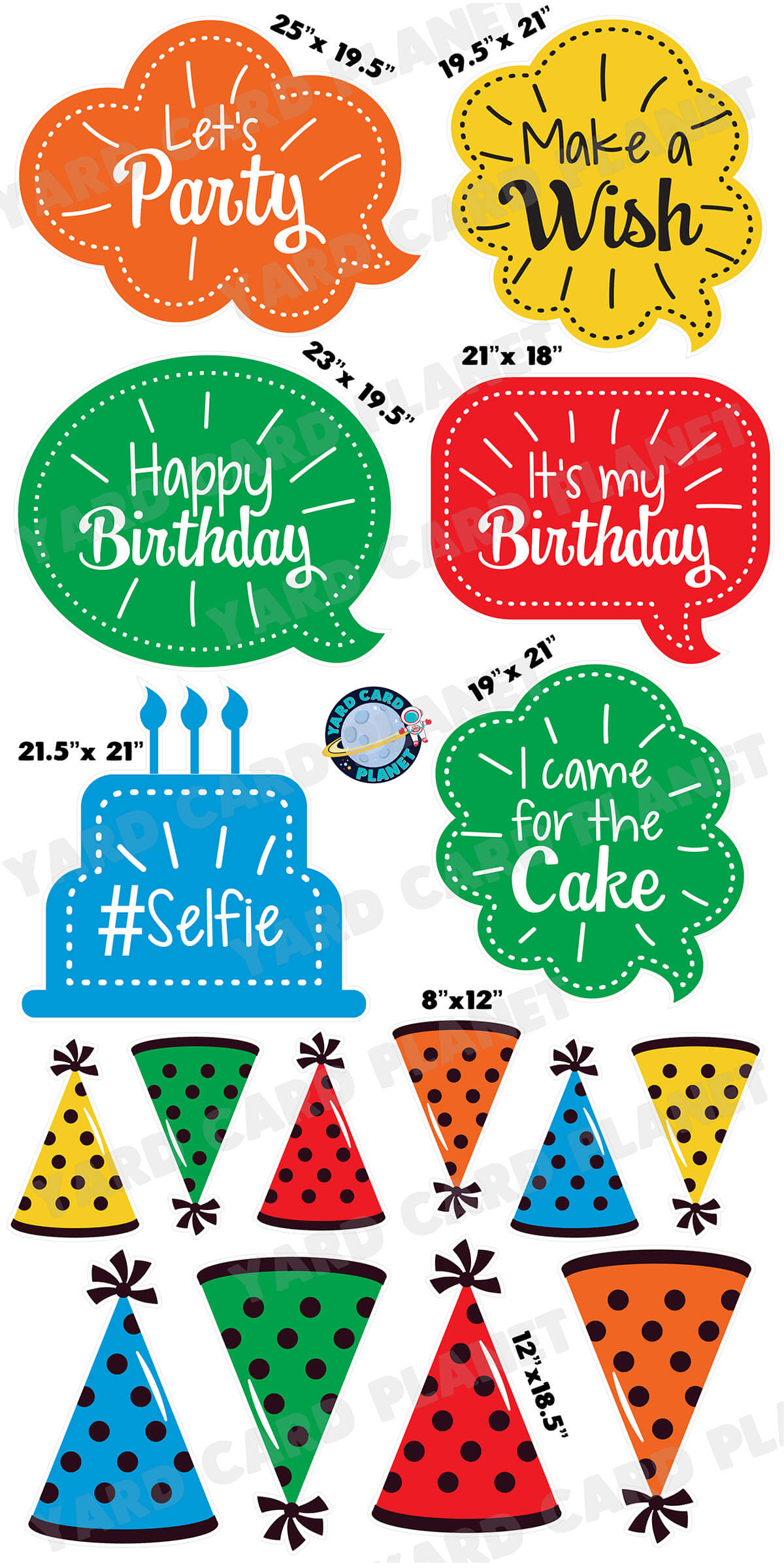 Colorful Birthday Bubble Signs and Birthday Hats Yard Card Flair Set