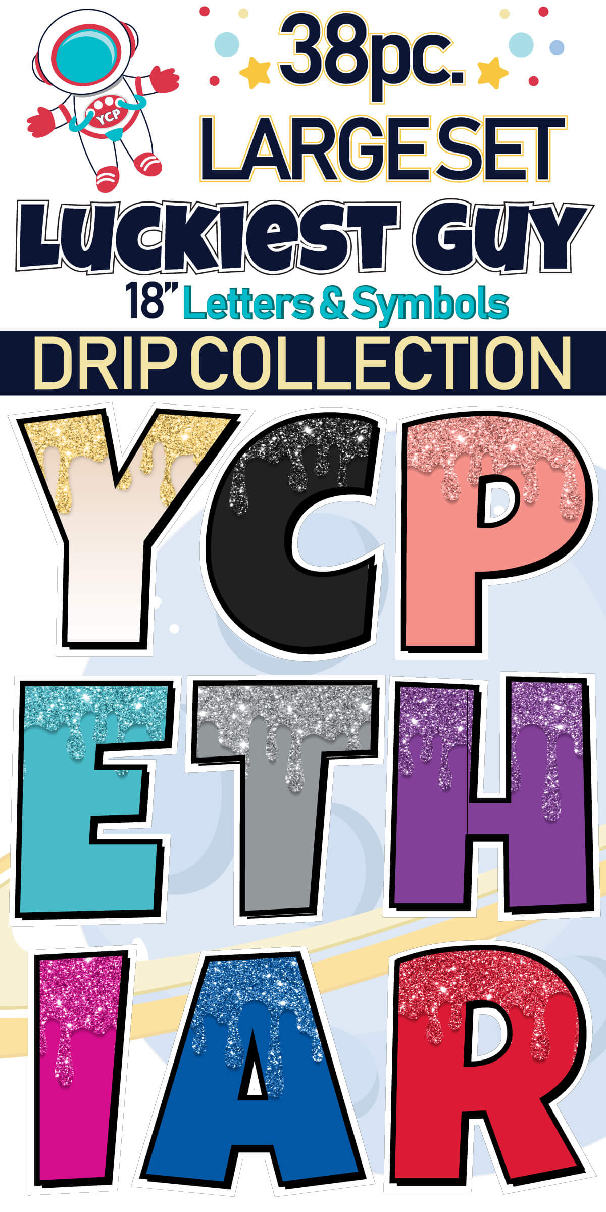 18" Luckiest Guy 38 pc. Large Letter and Symbols Set in Drip Glitter Pattern