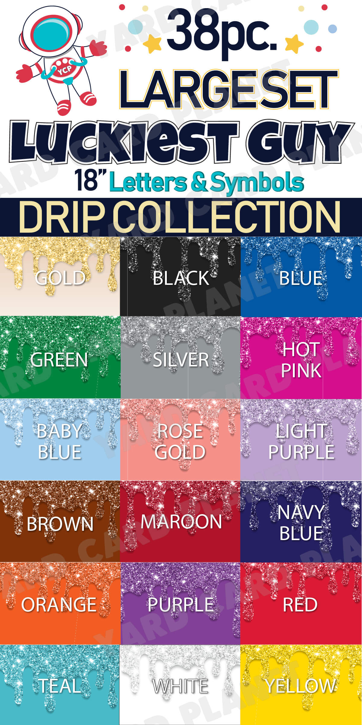 18" Luckiest Guy 38 pc. Large Letter and Symbols Set in Drip Glitter Pattern