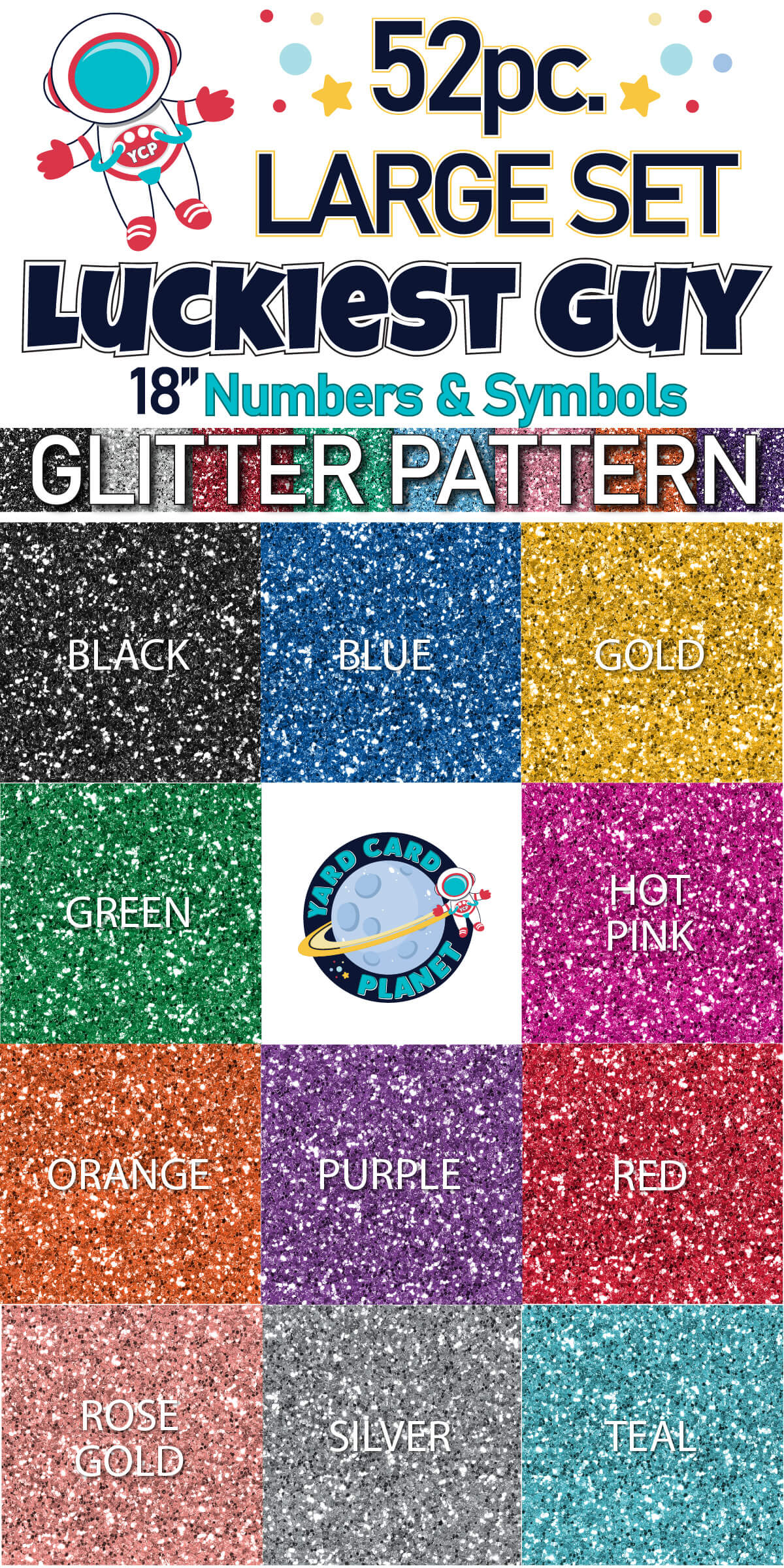 18" Luckiest Guy 52 pc. Numbers and Symbols Set in Glitter Pattern